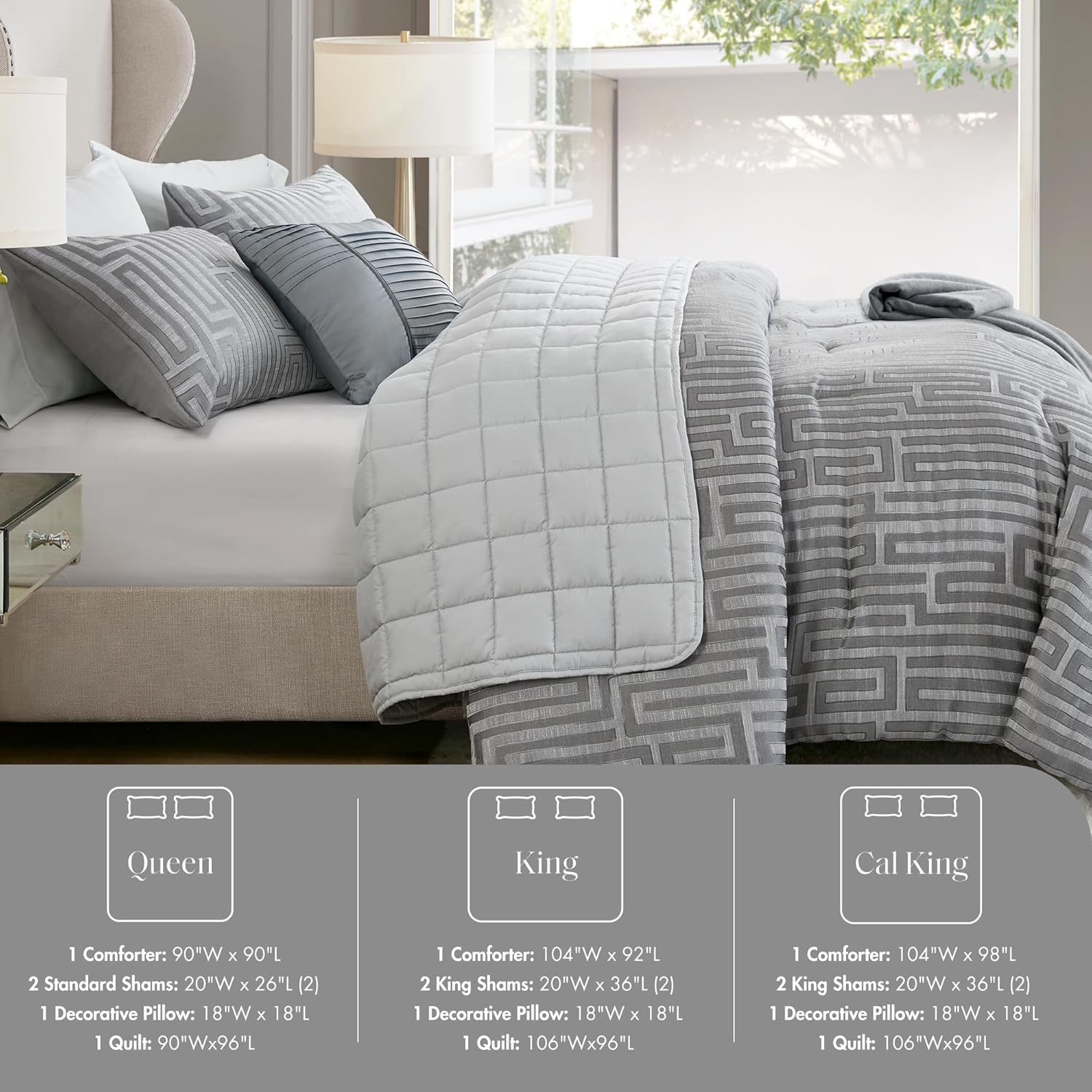 Madison Park Queen Comforter Set Jacquard Metallic Thread Comforters Queen Size Bed, All Season Comforter & Quilt Bedding Set Queen Size Comforter, Decor Pillows, Shams, Royce, Queen Grey 5 Piece - Image 5