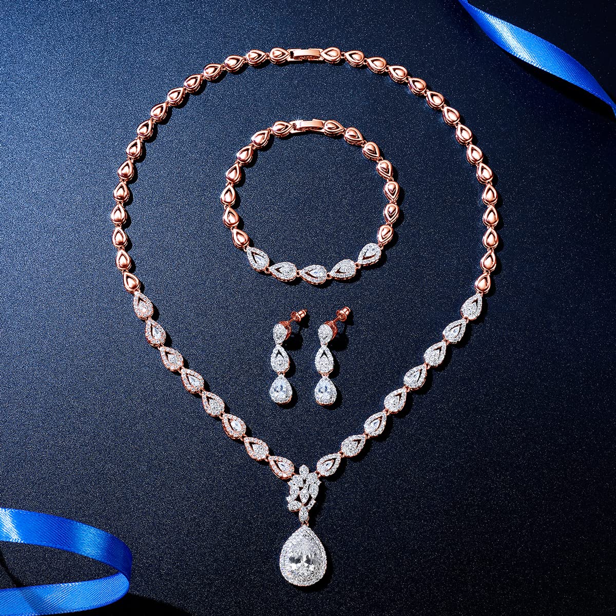 Set di gioielli per matrimonio, collana e orecchini, da appendere e bracciale, argento, oro rosa/oro, da sposa, con zirconi bianchi AAAAA, in fidanzamento, per gli amanti della sposa e delle