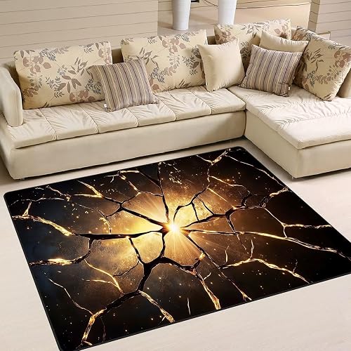 3D Rock Crack Rug 3' x 5' Optical Illusion Area Rugs Black and Gold Ground Cracks Carpet Floor Mat Doormat for Bedroom D
