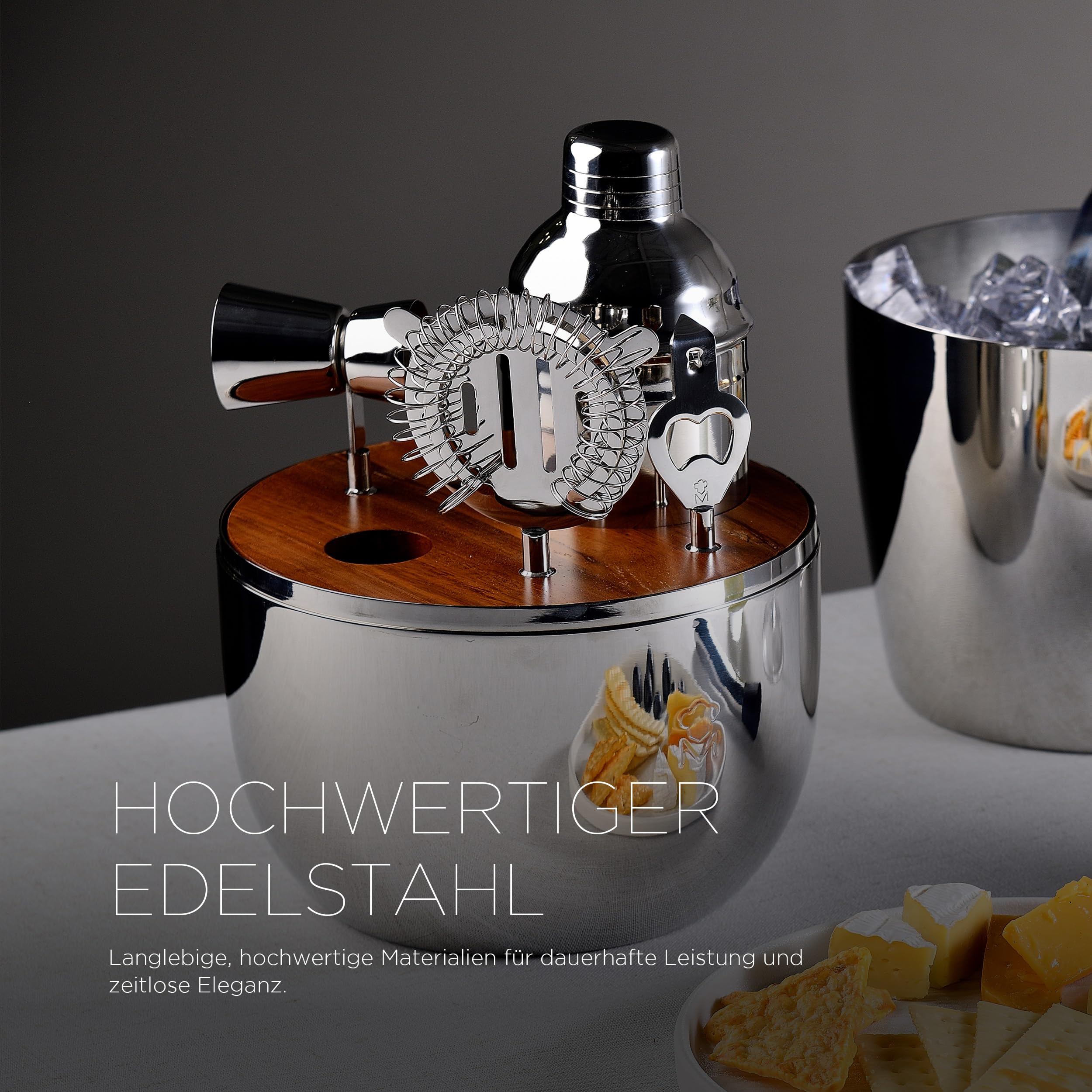 MasterPRO The Drop - 6-teiliges Cocktail-Set aus Edelstahl - mit Sieb, Flaschenöffner, langem Löffel, Cocktail-Shaker, Jigger, Zerkleinerer - stilvoll und professionell
