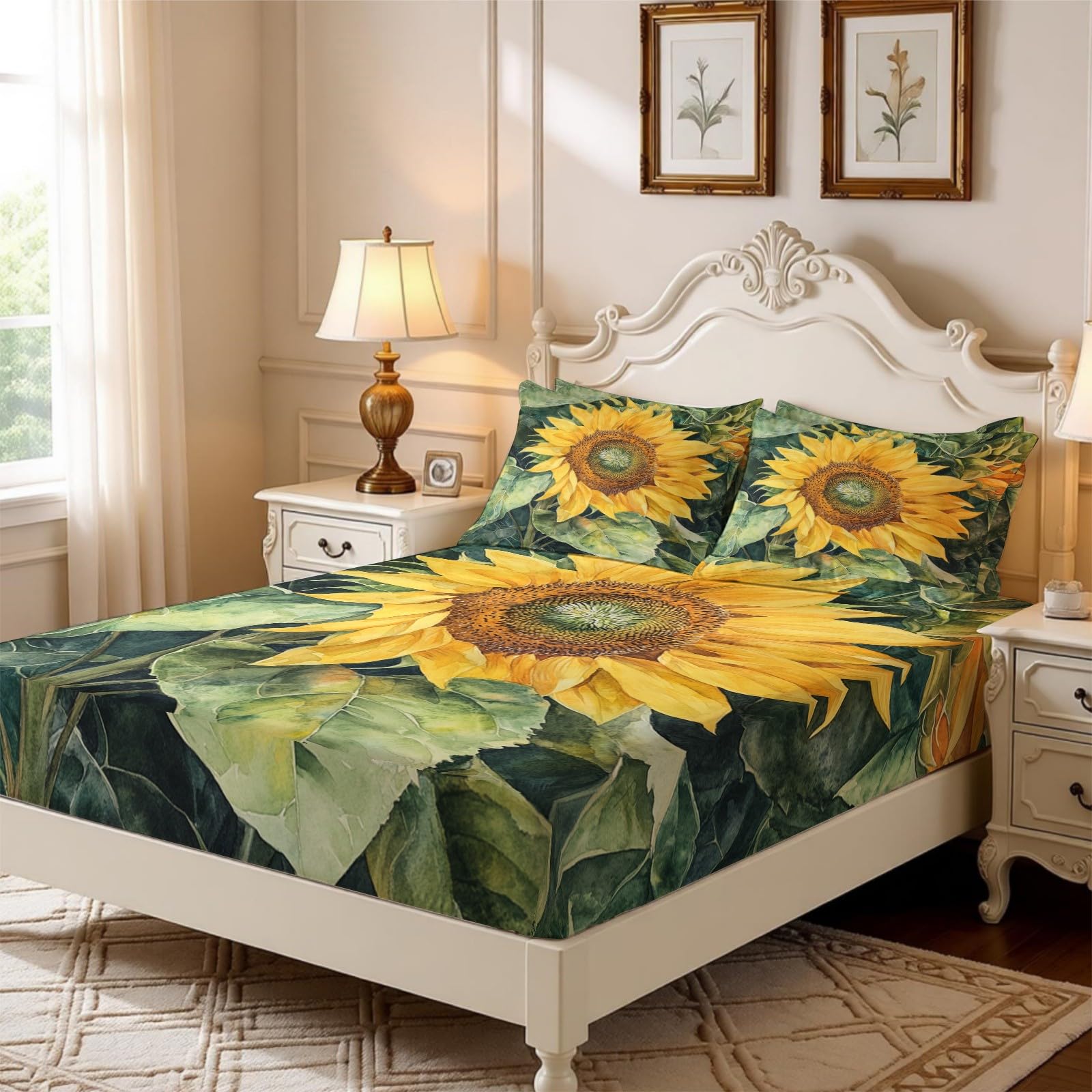 Lenzuolo con Angoli 180 x 200 cm Microfibra Girasole ad acquerello Lenzuolo Sotto Elasticizzato Profondo 25 cm giallo per Singolo e Matrimoniale