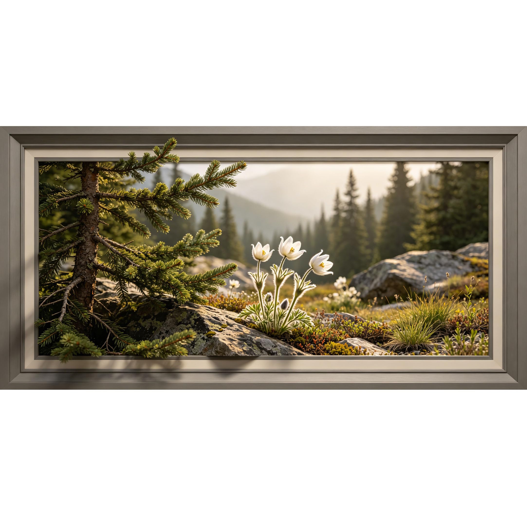 Agglomerix 3D Framed Wall Art Alpine Pulsatilla Flower Botanical Forest Mountain Landscape Trompe l'oeil Large Size SelfAdhesive Removable Wall Decor Prints Artwork for Living Room Bedroom Office