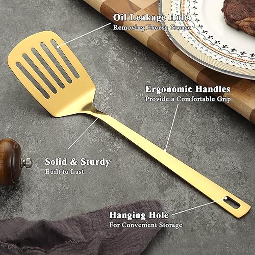 Miniatura 5 de Kyraton - Juego de 2 espátulas doradas de acero inoxidable, espátulas de metal, espátulas sólidas de cocina, juego de utensilios de cocina de