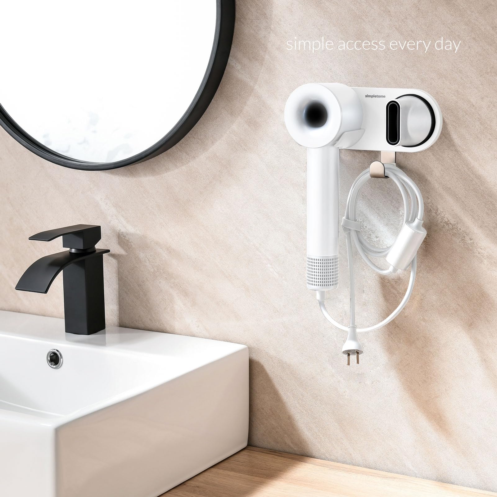simpletome Hair Dryer Holder Wall Mount for All Magnetic High Speed Blow Dryer with Plug Cord Organizer Hook (ABS Plastic, White) - Image 2