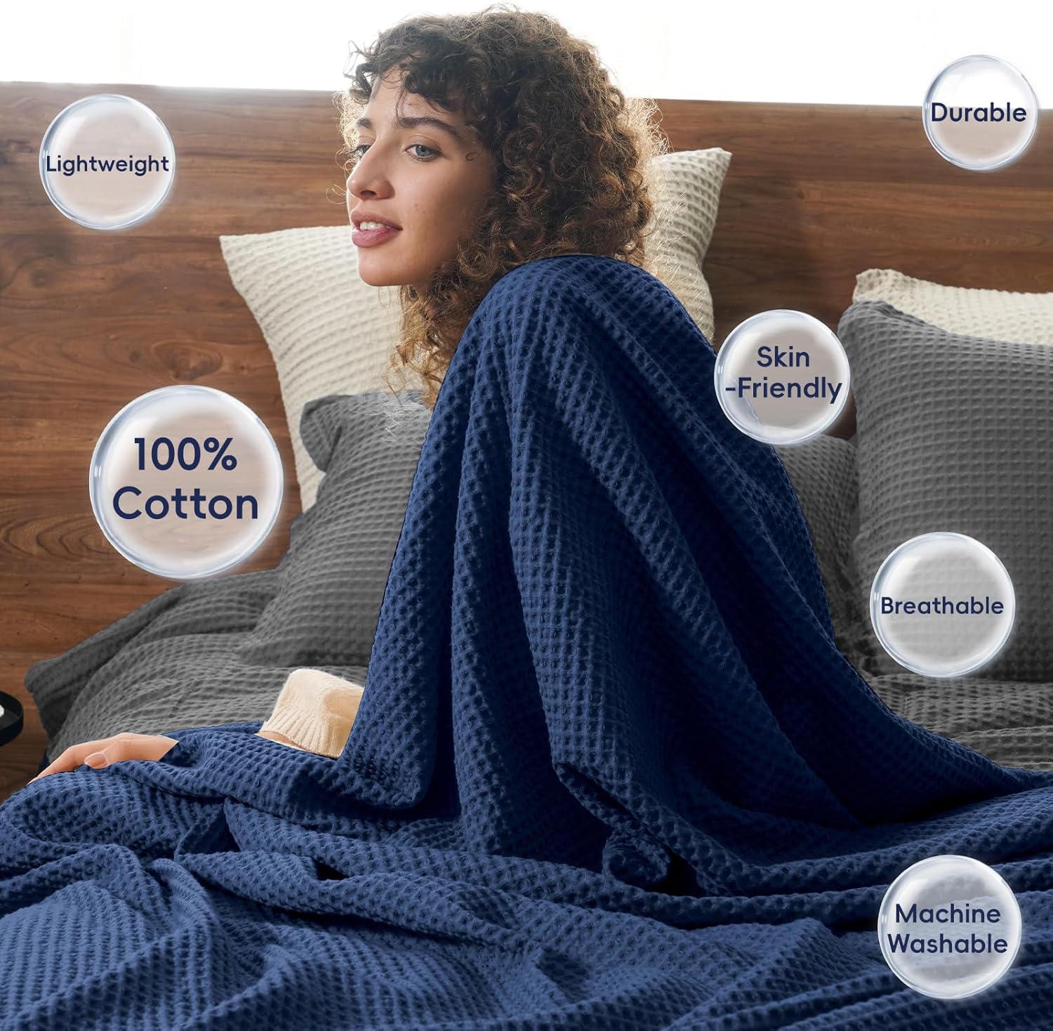 PHF 100% Cotton Waffle Weave Throw Blanket,Pre-Washed Snag Proof Lightweight Breathable Moisture-Wicking Layering in Cold Weather for Couch Bed,Machine Washable,Home Decor Gift-Navy Blue/Bright Blue - Image 3