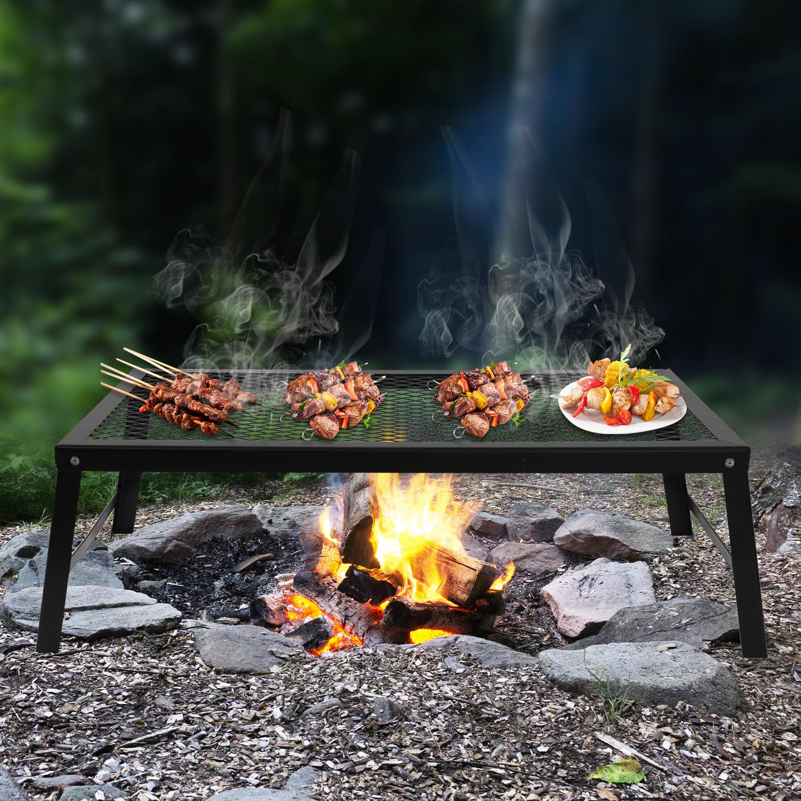 JAYGOVAN Folding Campfire Grill, Heavy Duty Iron Mesh Grate, 21.7