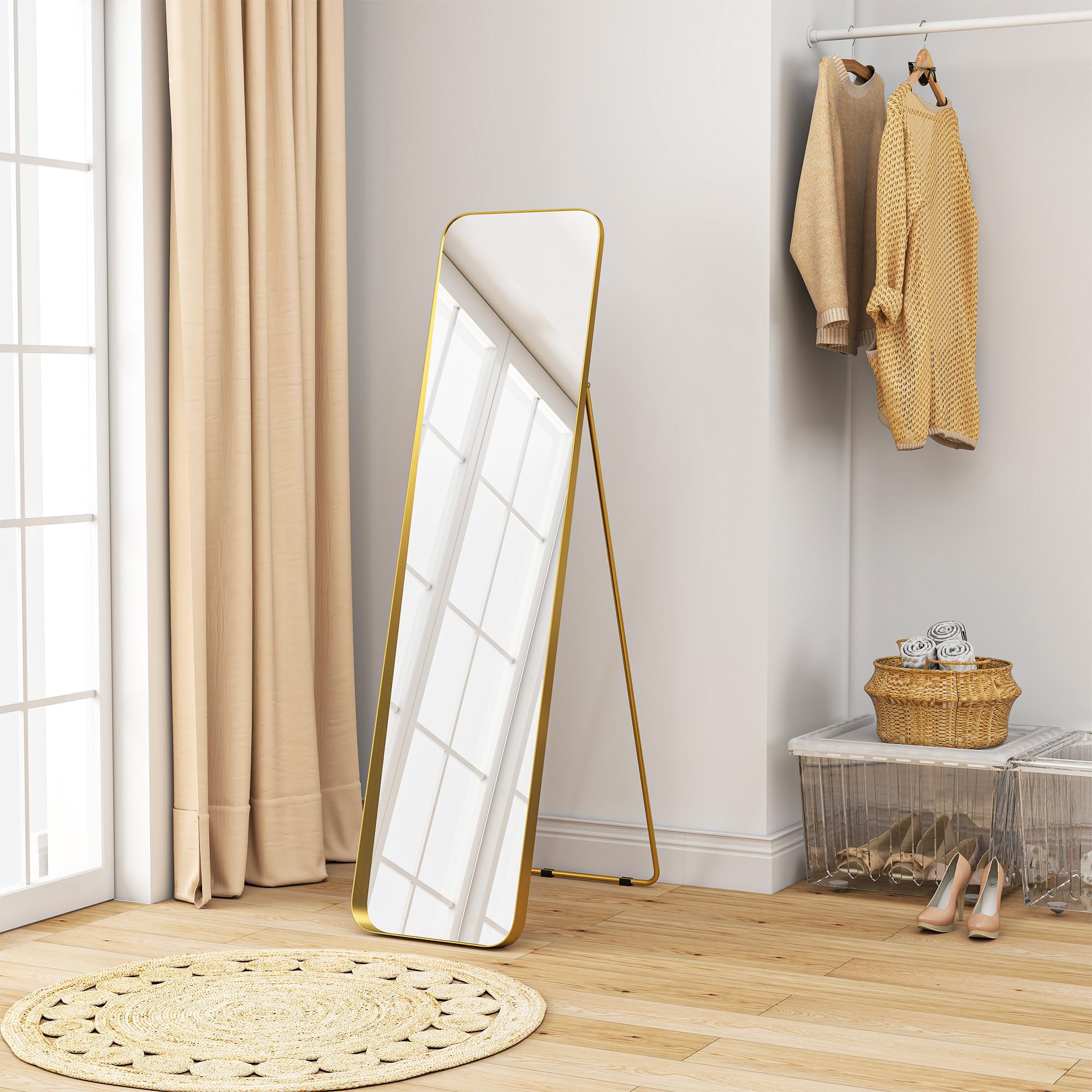 HOMCOM Specchio da Terra Moderno a Figura Intera Antiscoppio 40x160 cm Oro | Specchio Verticale con Cornice, in Vetro MDF e Metallo, per Camera da Letto, Soggiorno e Ingresso