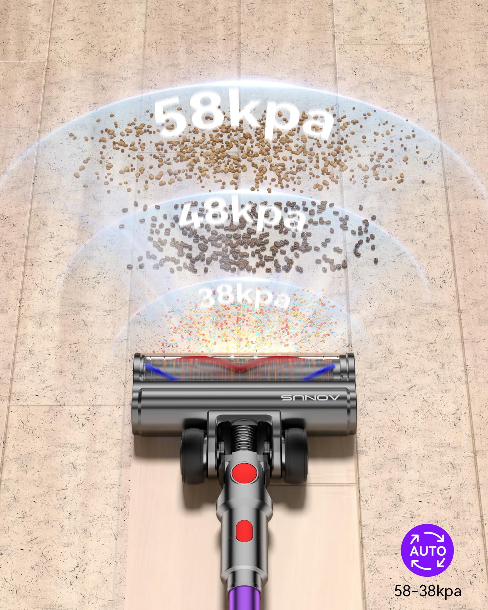 aonus A9 Max Aspirapolvere senza Fili 58Kpa/600W/75Min, Scopa Elettrica senza Fili Potente con Autoportante, 1.8L Capacità Ultra Grande, Touchscreen Intelligente per Peli Animali/Pavimento/Tappeti