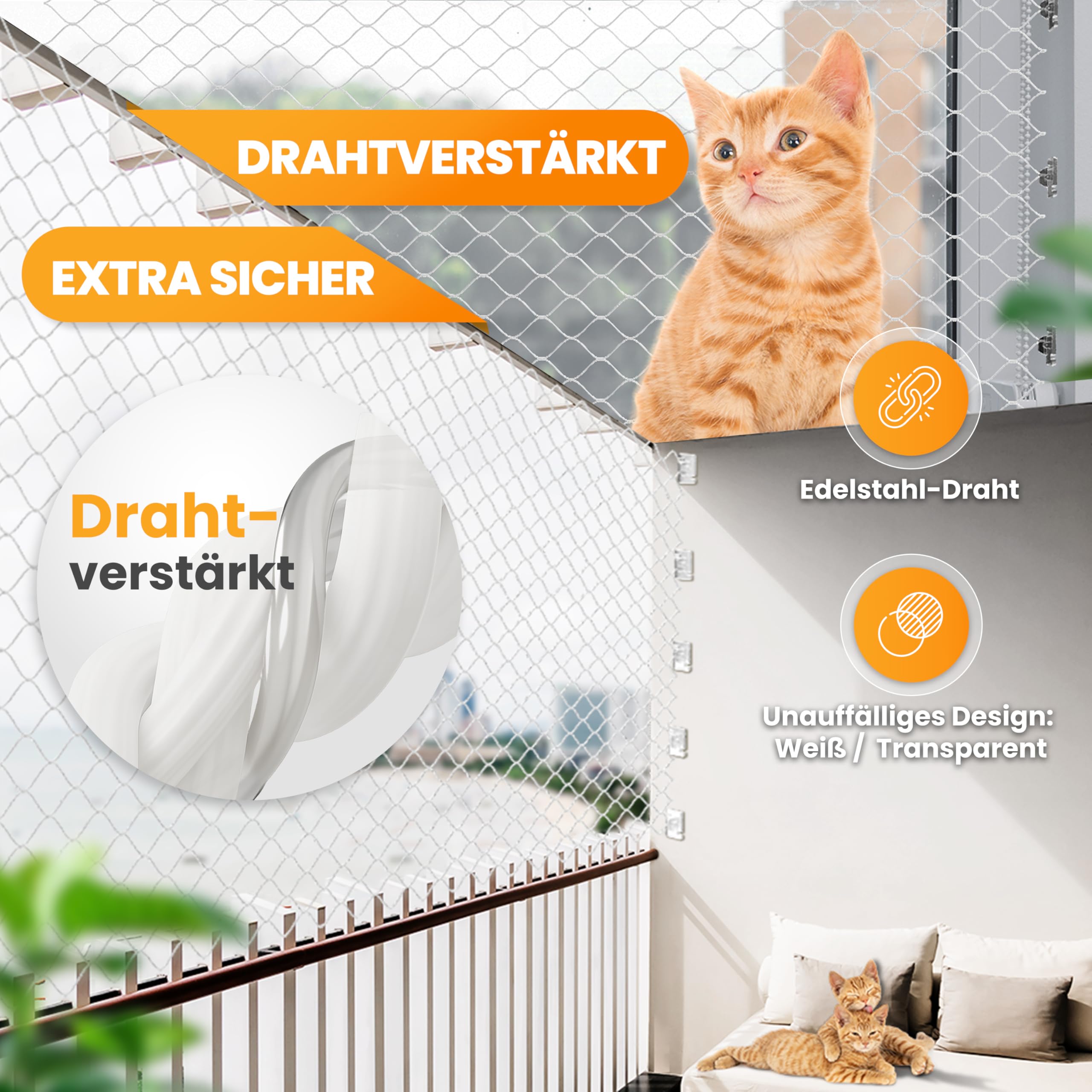 Naturiz® Katzennetz für Balkon ohne Bohren 3x4m - Katzennetz drahtverstärkt transparent/weiß, Katzengitter inkl. Klebehaken – Katzenschutznetz für Balkon & Fenster, Balkonnetz für Katzen (3x4m)