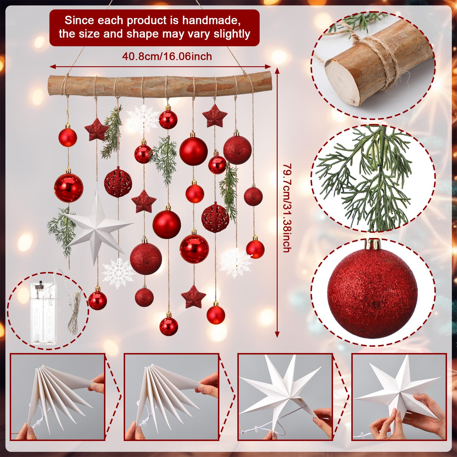 Halloscume Décoration murale de Noël à suspendre avec branche en bois clair - Décoration murale de Noël avec plantes artificielles - Décoration de cuisine et de salle à manger - Rouge
