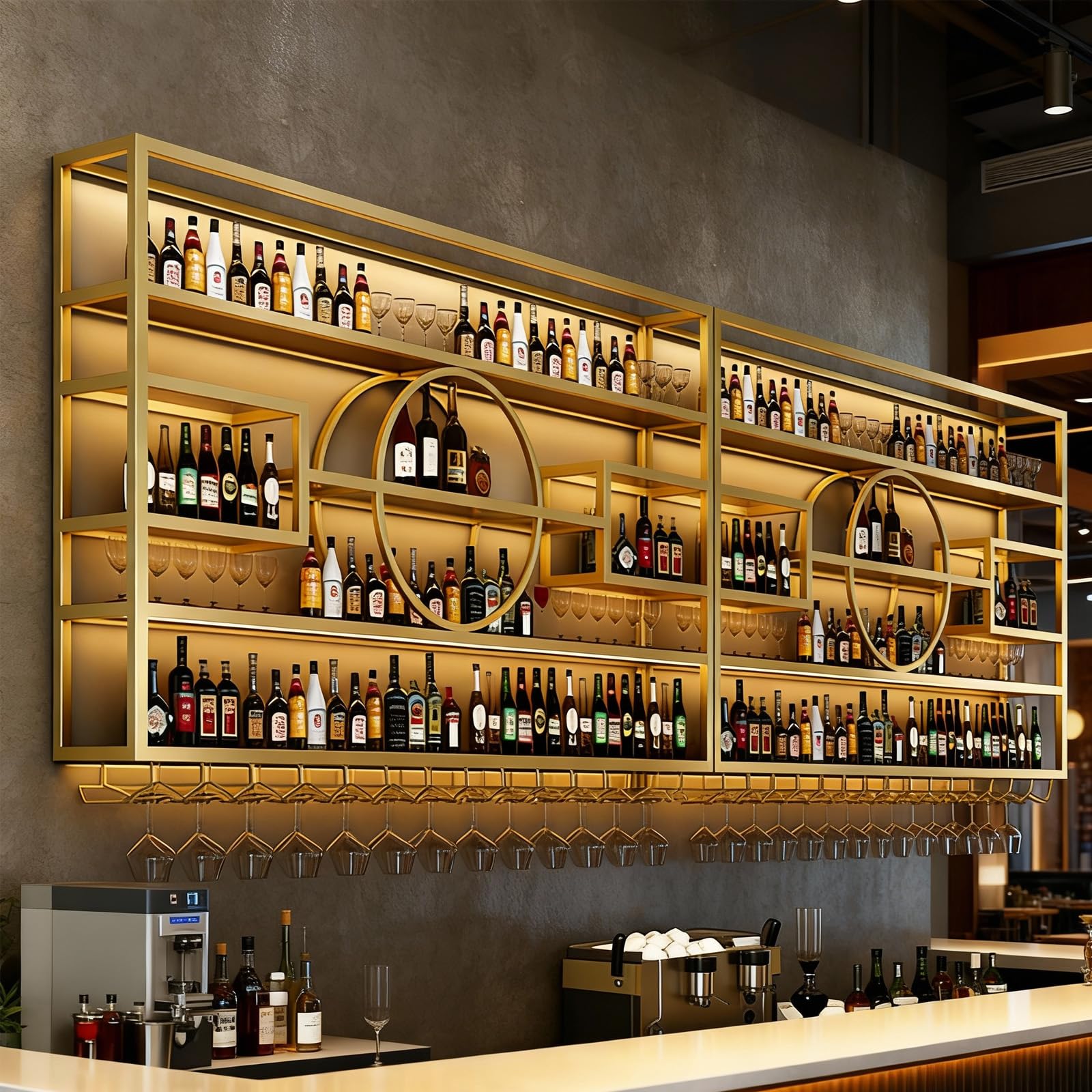 95in Wine Rack Wall Mounted, Large Capacity Hanging Wine Bottles Display Shelf with Glasses Holder, 4 Tier Industrial Bar Liquor Storage Shelves for Home Bar Kitchen,Living Room (Gold, 95in)