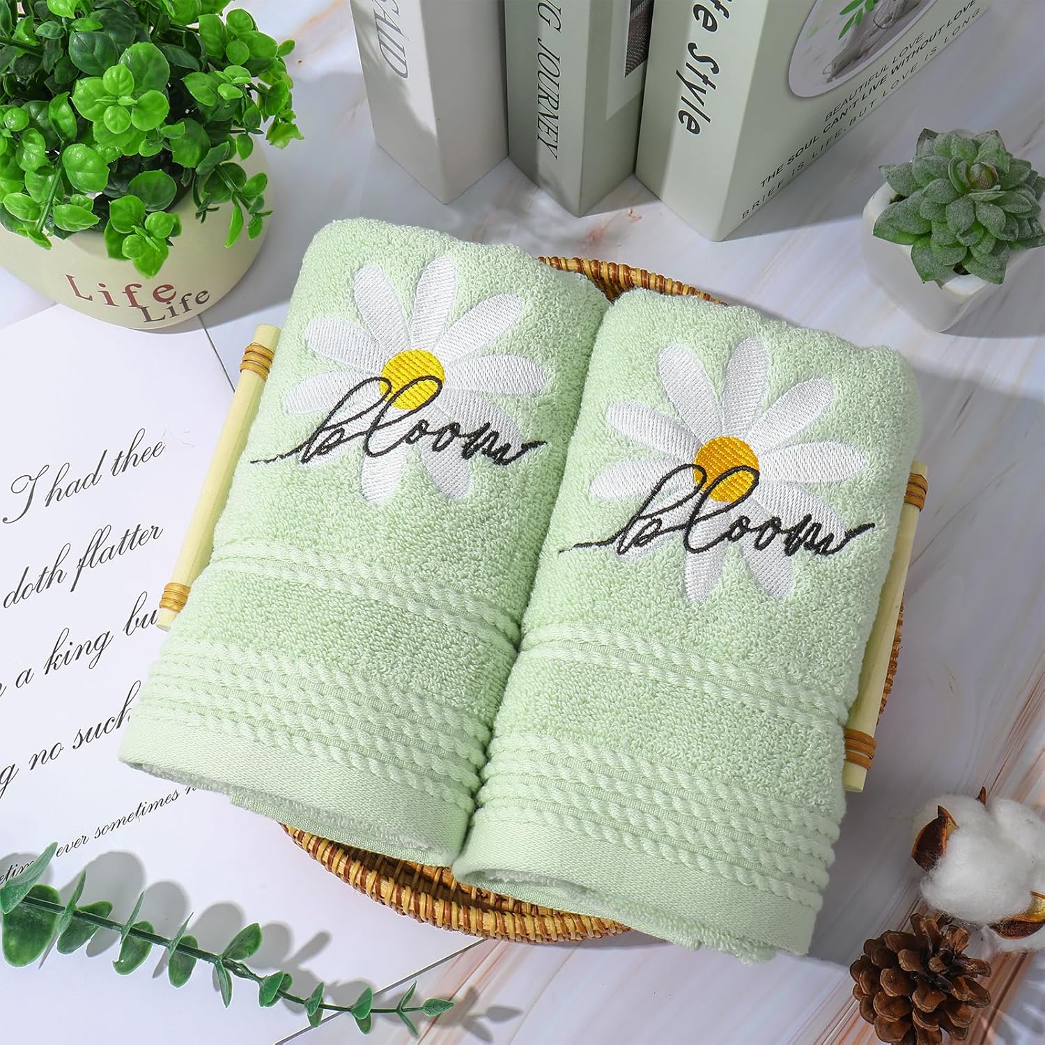 JarThenaAMCS 2Pcs Daisy Hand Towels Embroidered Summer Flower Bloom Cotton Bathroom Towel Green Soft Absorbent Dish Towel for Drying Cleaning Cooking, 13.3 x 29.1 Inch - Image 7