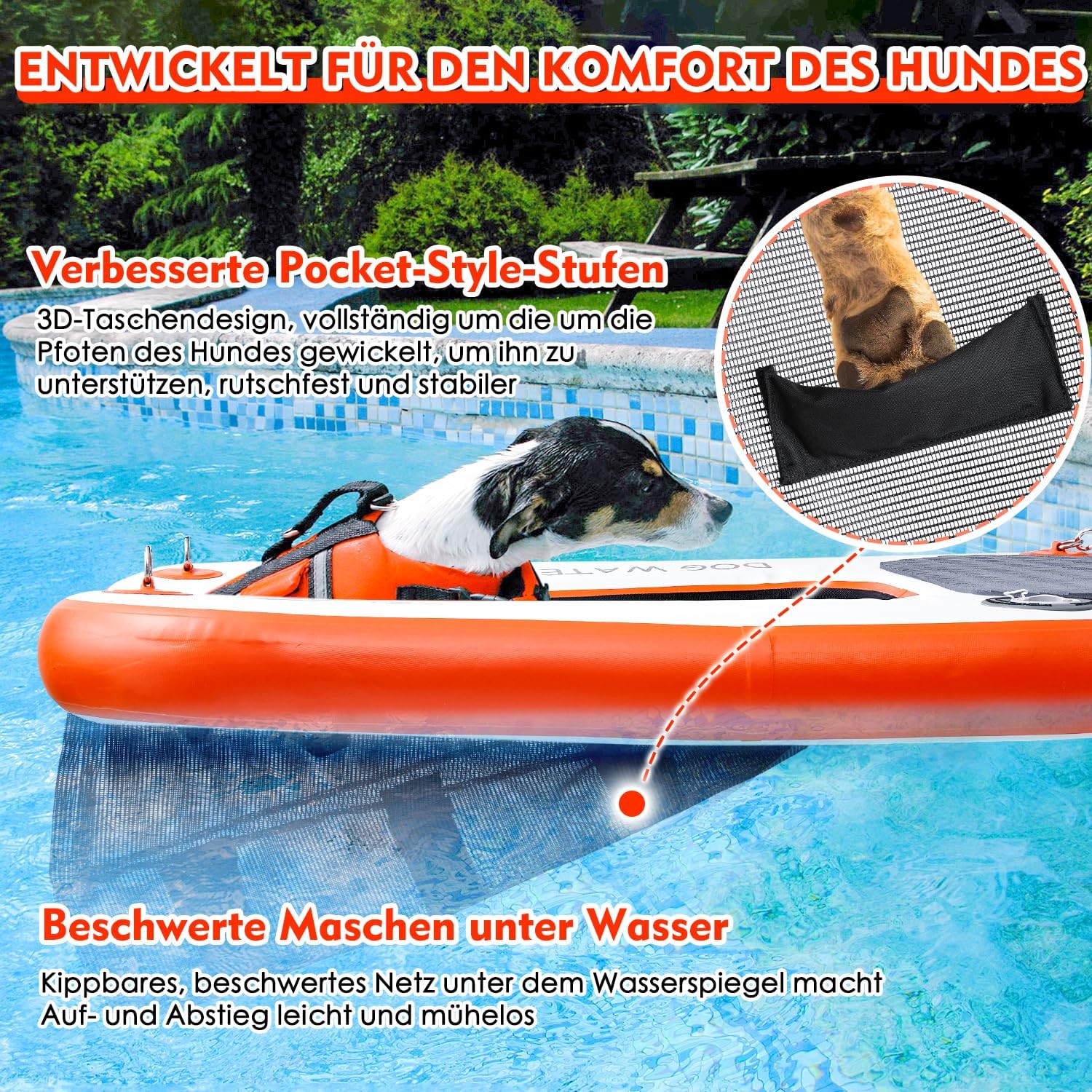 Hundewasserrampe Extra Breite Wasserrampe Pool Leiter, Float Welpen Planke für Pool, Dock & Boot, Haustier Rampe mit Rutschfesten Upgraded Steps, Wasserrampe Leiter für 68kg Hunde Klettern
