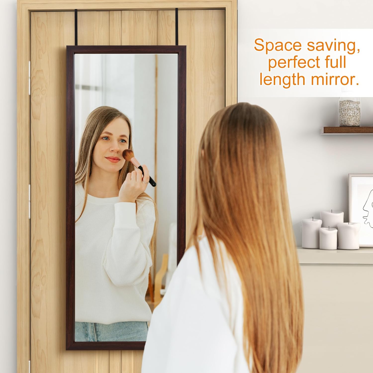 PexFix Door Mirror 18"x51"Sleek Frame Floor Mirror Full Length Over The Door Dressing Mirror Vertital Hanging Wall Mirror Rectangle Decor with 2 Removable Hangers - Brown,Walnutcolor-18''x51'',Brown