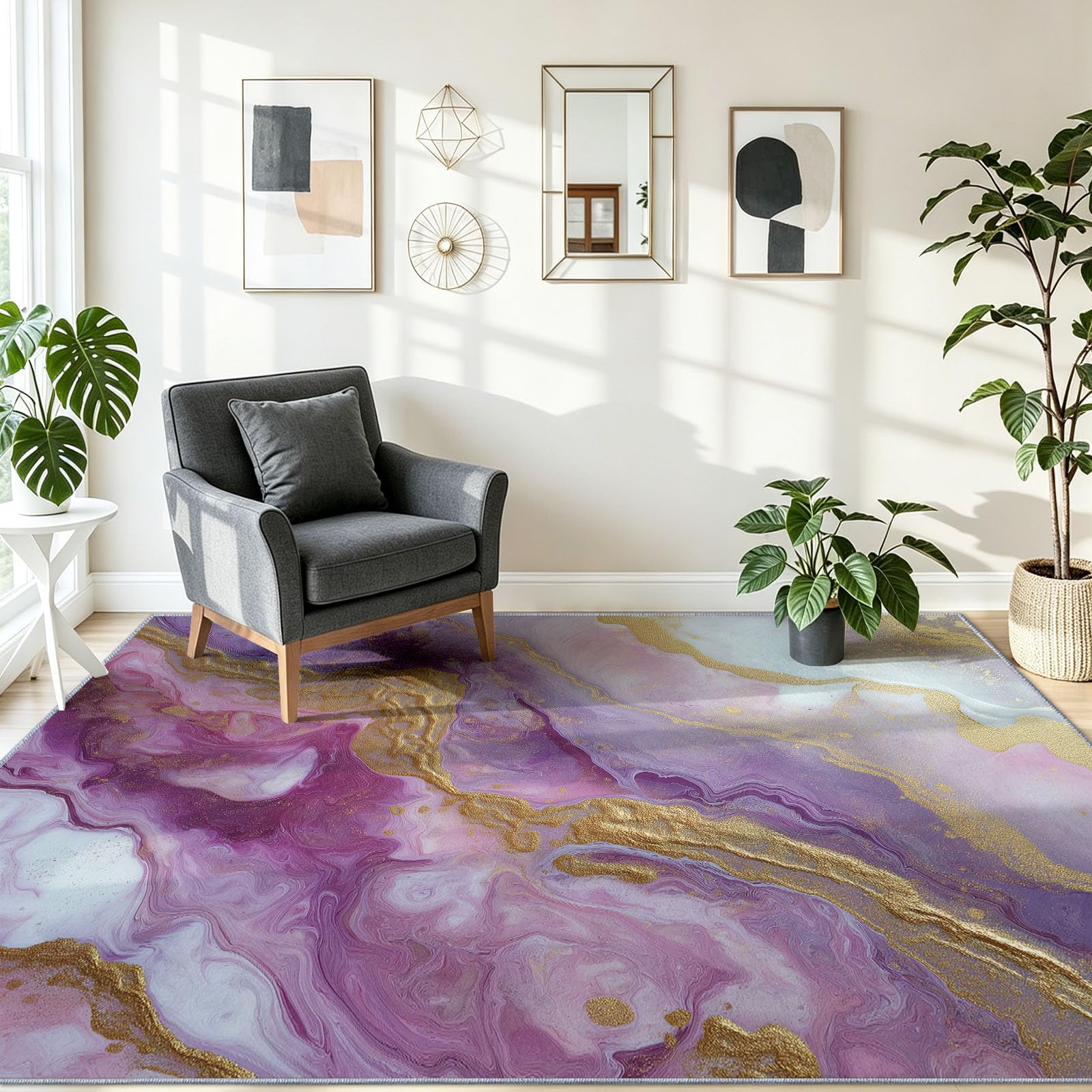 Nowoczesny abstrakcyjny dywan do salonu, 160 x 230 cm, nadaje się do prania, ultracienki, fioletowy, antypoślizgowy dywan do sypialni, jadalni, przedszkola, biura, marzycielski, płynna, złota folia