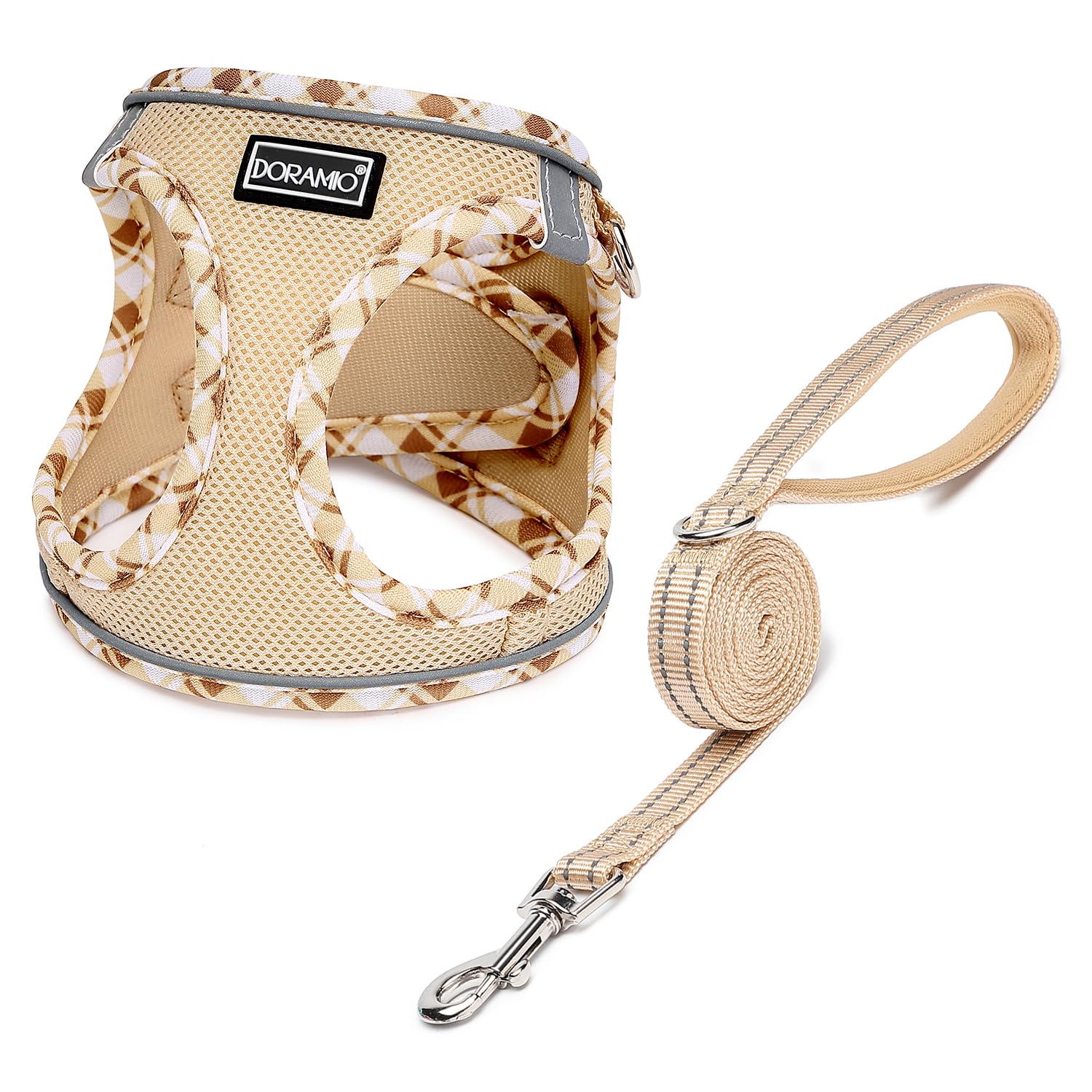 DORAMIO Pettorina Cane Taglia Piccola, Step-in Pettorina per Cani Gatti Cuccioli con Guinzaglio Comodo, Riflettente Traspirante Imbracatura Cane Morbida Imbottito per Passeggiate Corsa (S, Beige)