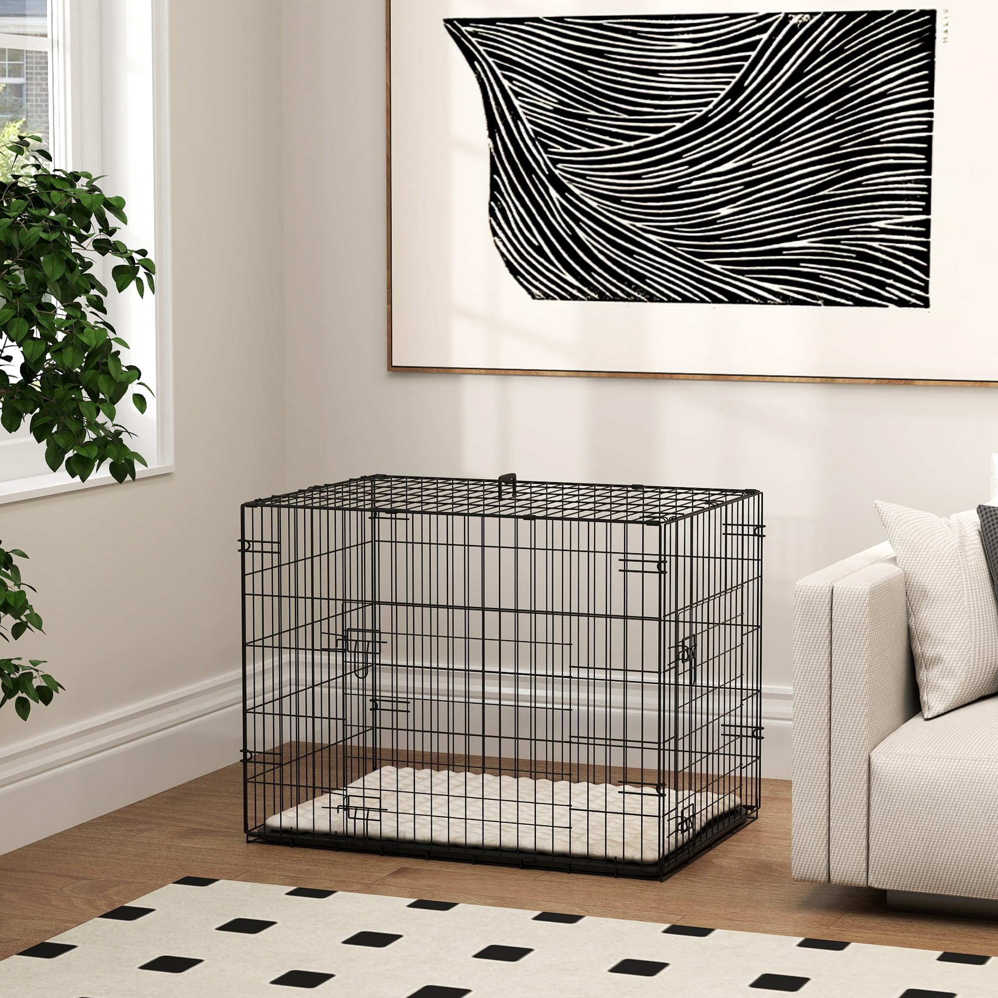 PawHut Jaula para Perros Plegable, Jaula para Perros Pequeños con Cojín, 2 Puertas, Bandeja Extraíble y Marco de Alambre Metálico, 75x48,5x53 cm, Negro y Beige