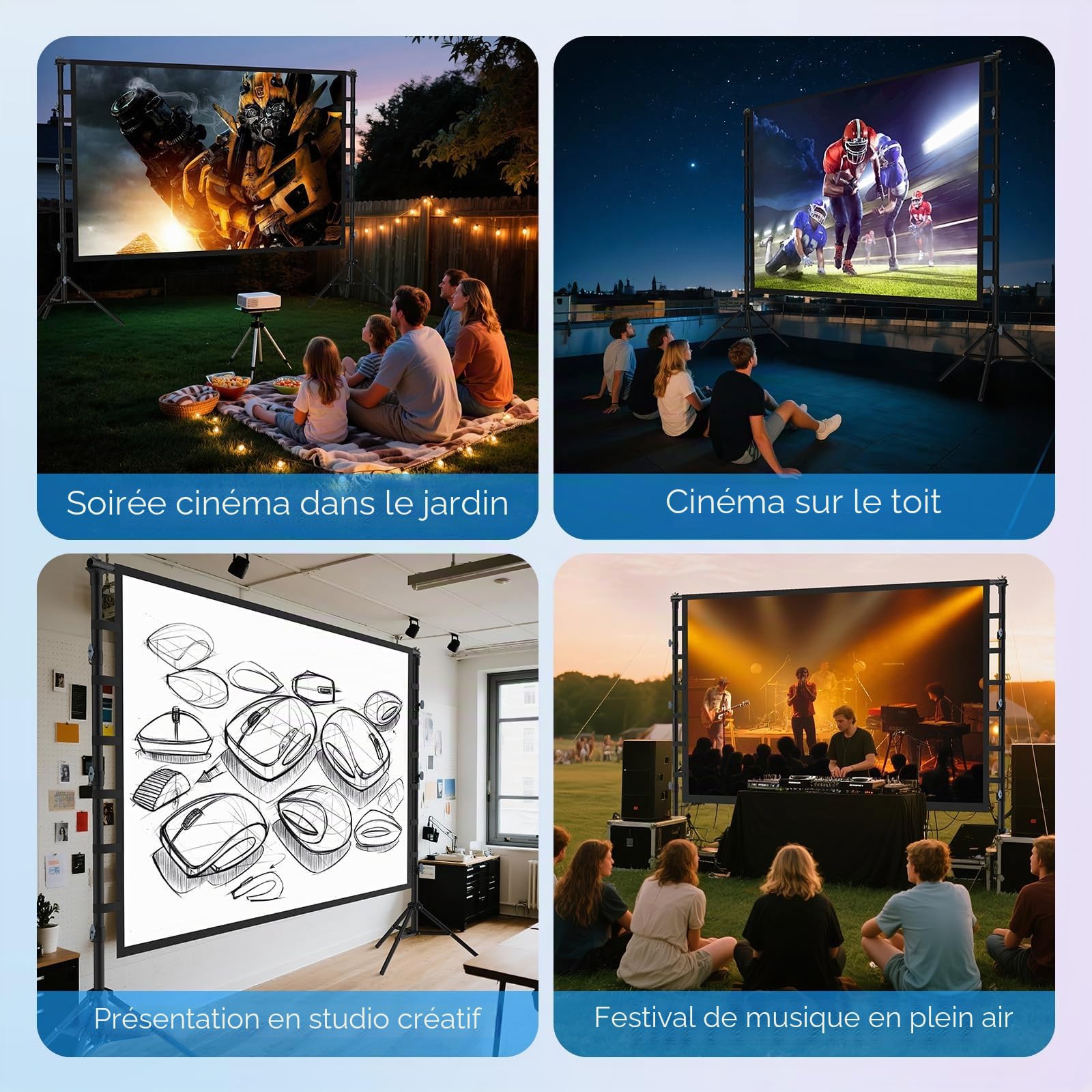 Écran de Projection 200 Pouces avec Support: Écran de Projection Portable Grande Taille pour Extérieur,Toile Frontale/Rear Projection Intérieur, sans Plis & Sac de Transport pour Cinéma Jardin