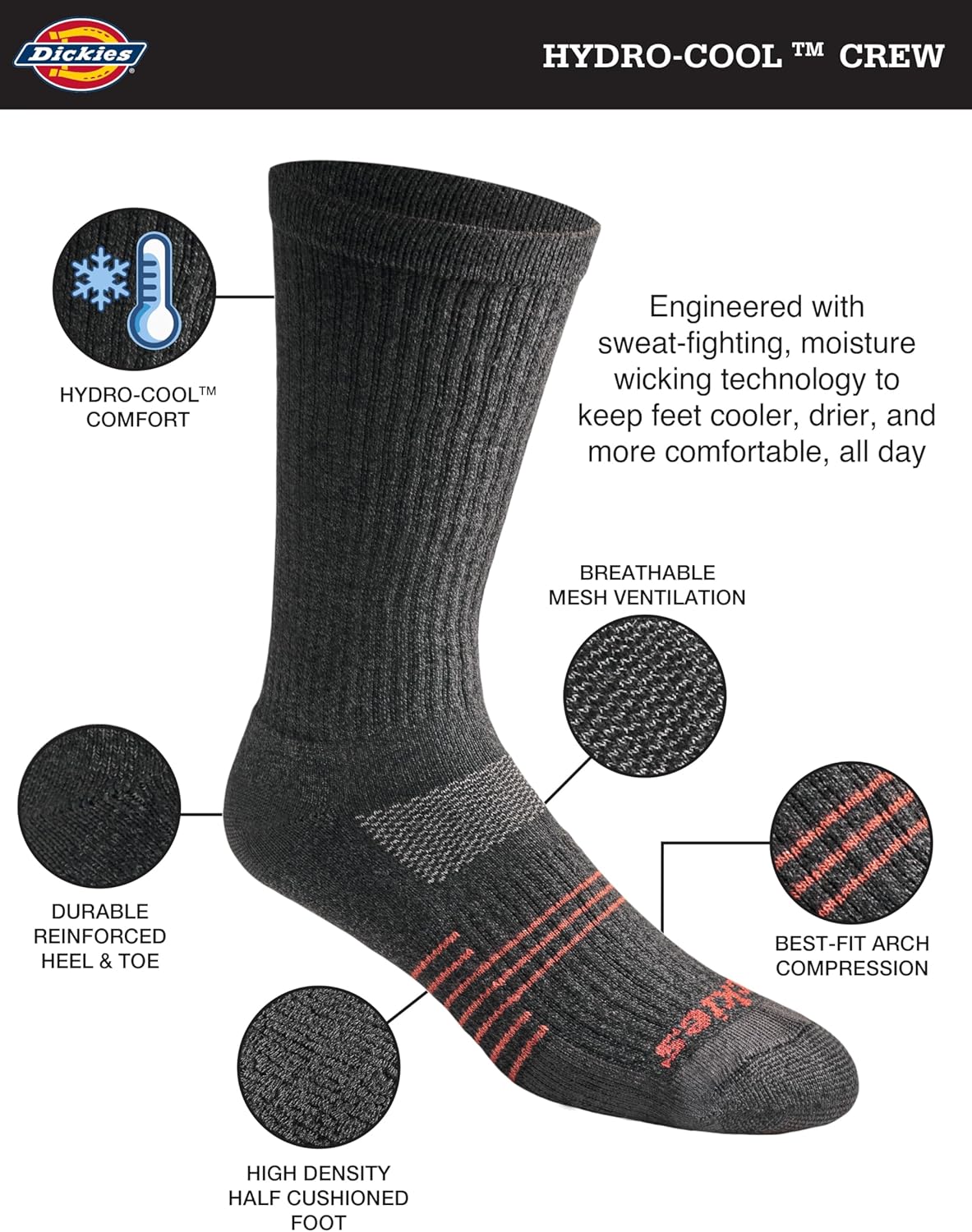 Dickies Men's HYDRO-COOL Moisture Control Crew Socks (6 Pairs) - Image 3