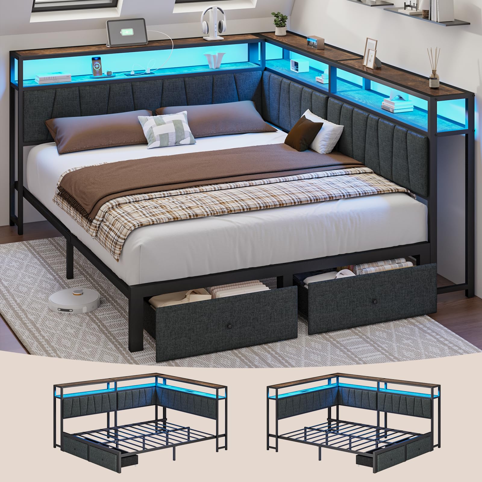 Otevehde Full Corner Bed Frame with Storage Drawers, Modern Daybed with LED Lights and Charging Station, Metal Platform Bed Frame Full Size with Linen