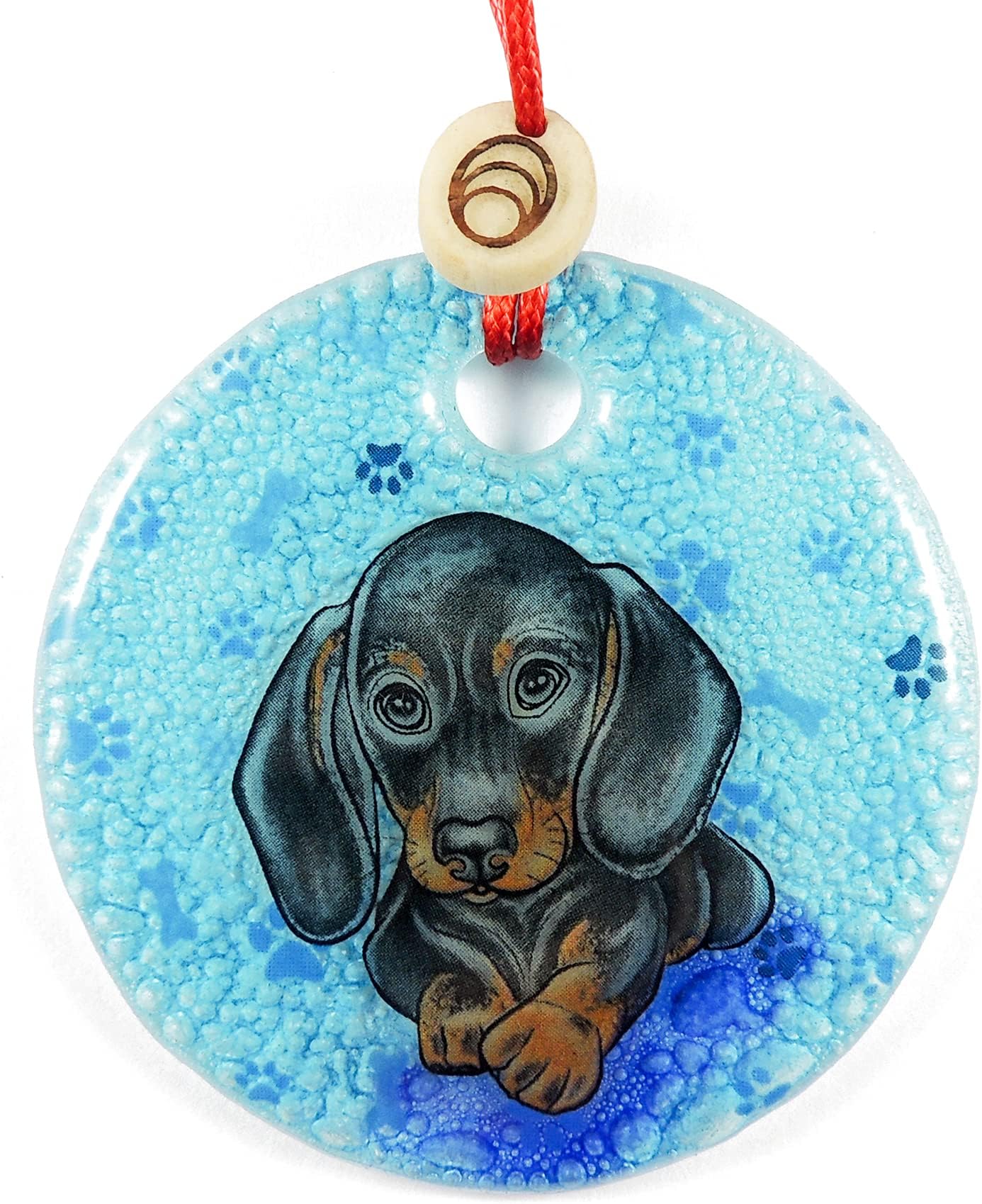 Dachshund Puppy Ornament - Handmade Fused Glass, 2.5-Inch Hanging Decoration for Windows, Christmas Tree, Car Charm, Memorial Gift, Eco-Friendly with Tagua Bead Suncatcher