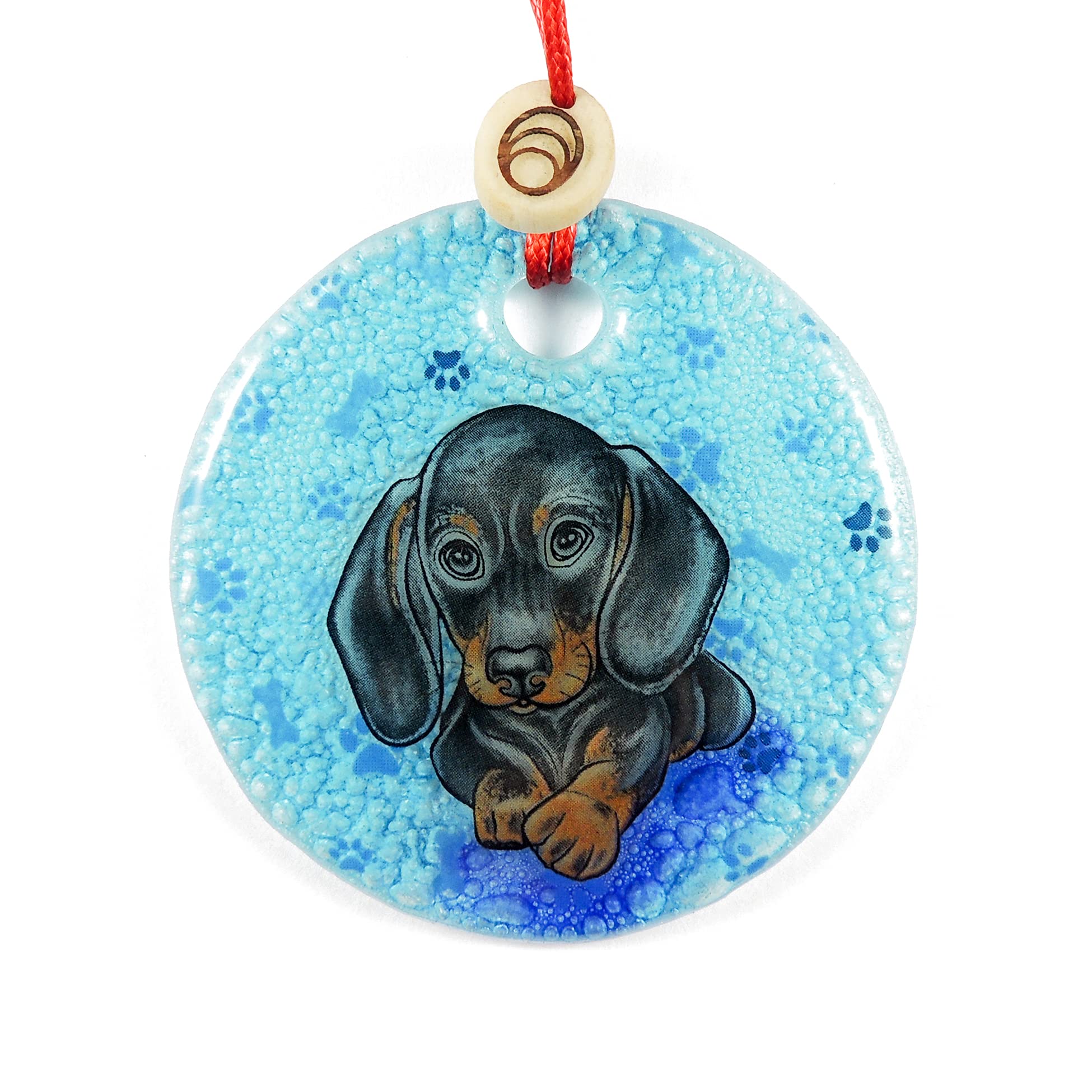 Dachshund Puppy Ornament - Handmade Fused Glass, 2.5-Inch Hanging Decoration for Windows, Christmas Tree, Car Charm, Memorial Gift, Eco-Friendly with Tagua Bead Suncatcher