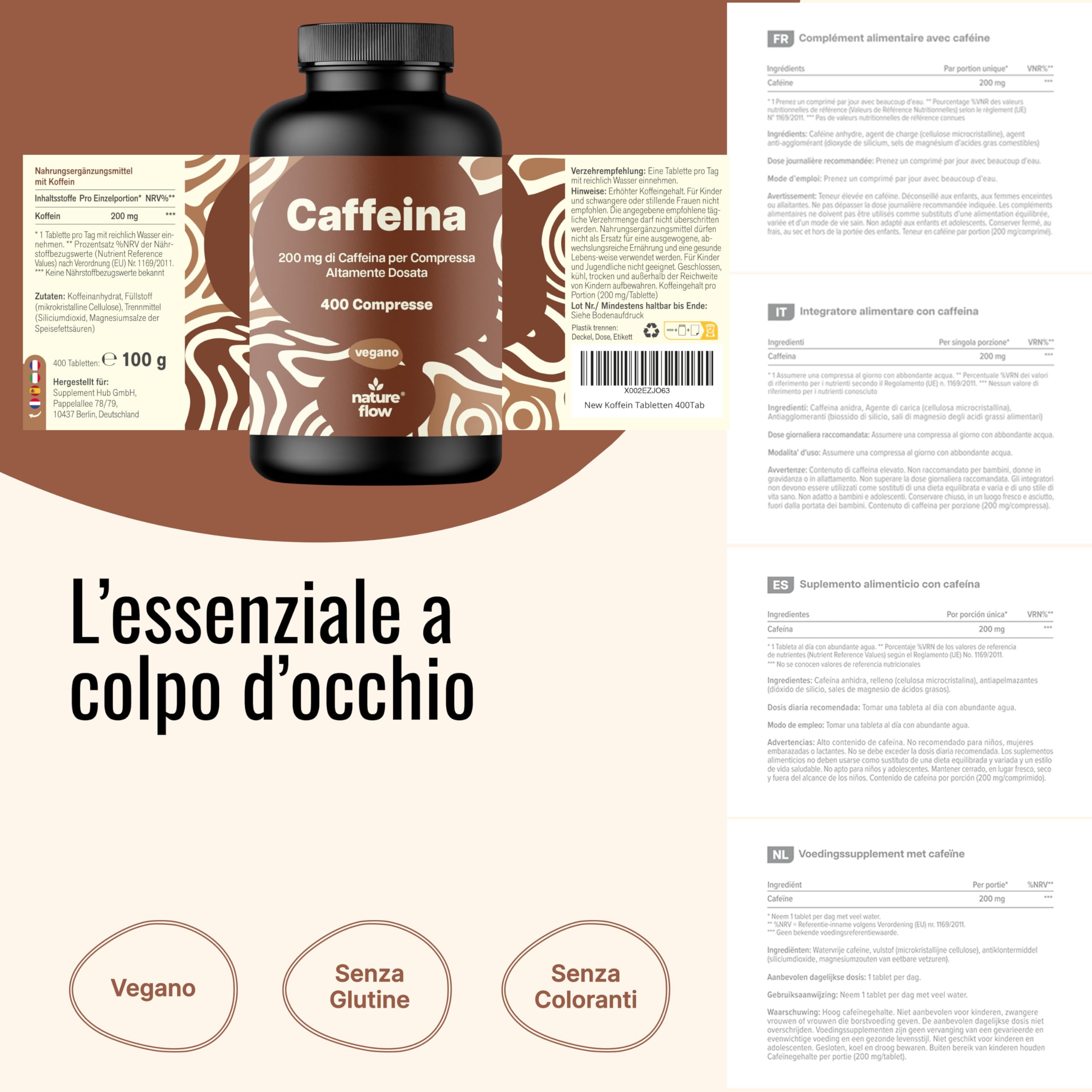 Caffeina Pura – 400 Compresse – 200 mg per Compressa – Alto Dosaggio – Vegano – Prodotto in Germania - Caffeina Integratore - Testato in Laboratorio