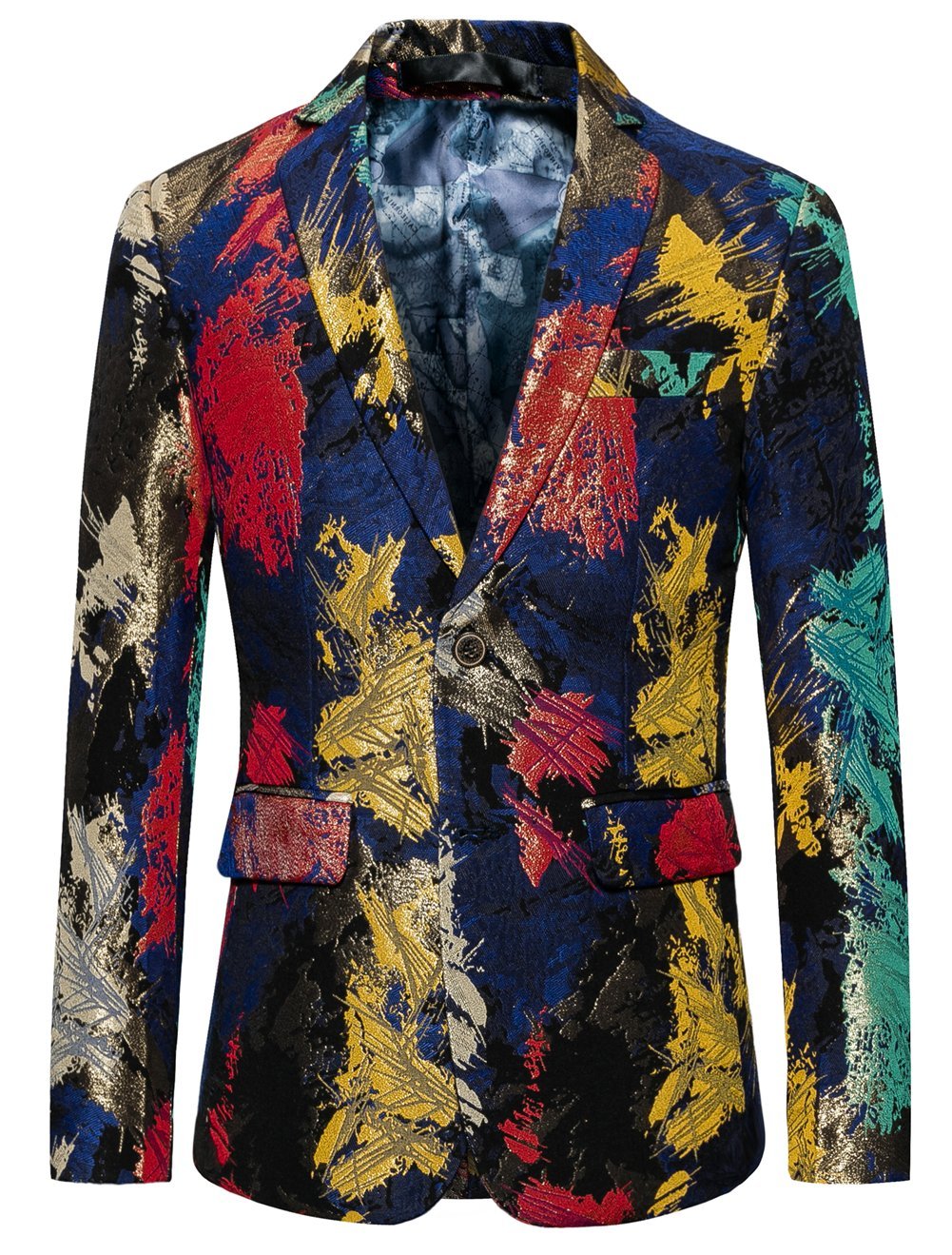 MOGUMens Blazer with Colourful Irregular Pattern Slim Suit Jacket