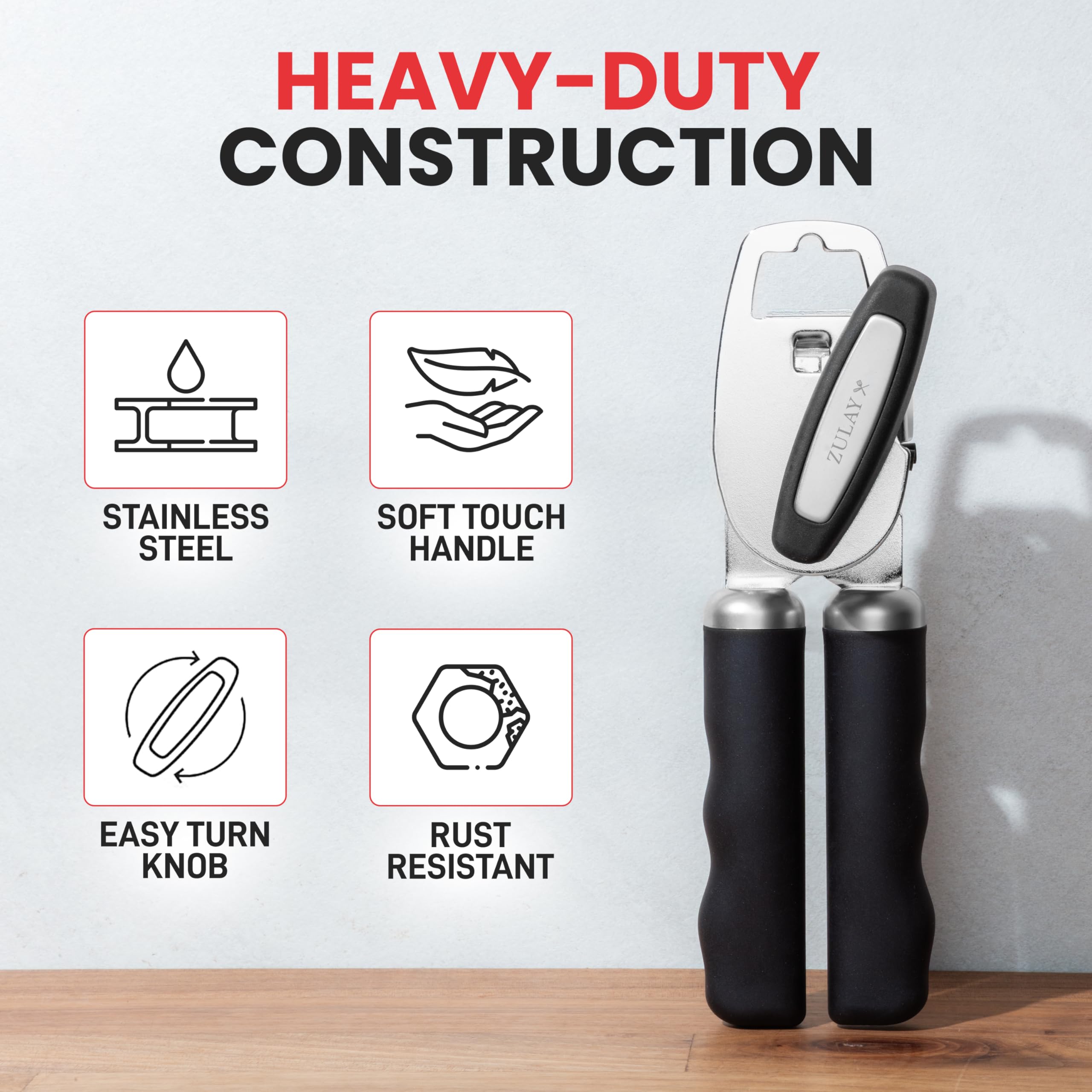 Zulay Kitchen Heavy Duty Stainless Steel Can Opener Manual with Bottle Opener - Rust Proof Manual Can Opener With Turn Knob & Comfy Soft Grip Handles - Black