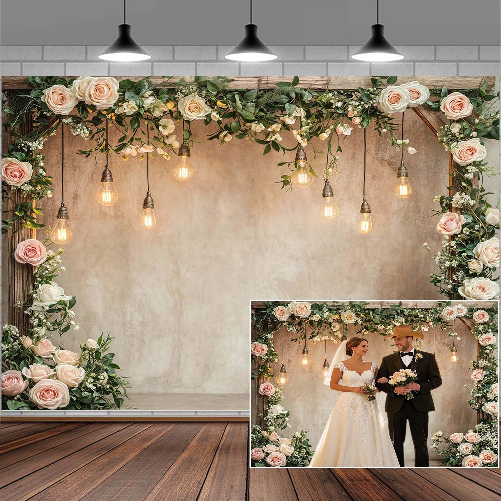 Photo 1 of 10x8ft Country Wedding Valentines Day Photography Backdrop Floral Roses Farmhouse Wooden Door Backdrop Pink Flower Birthday Baby Shower Bridal Party Banner Photo Booth Props Anniversary Background
