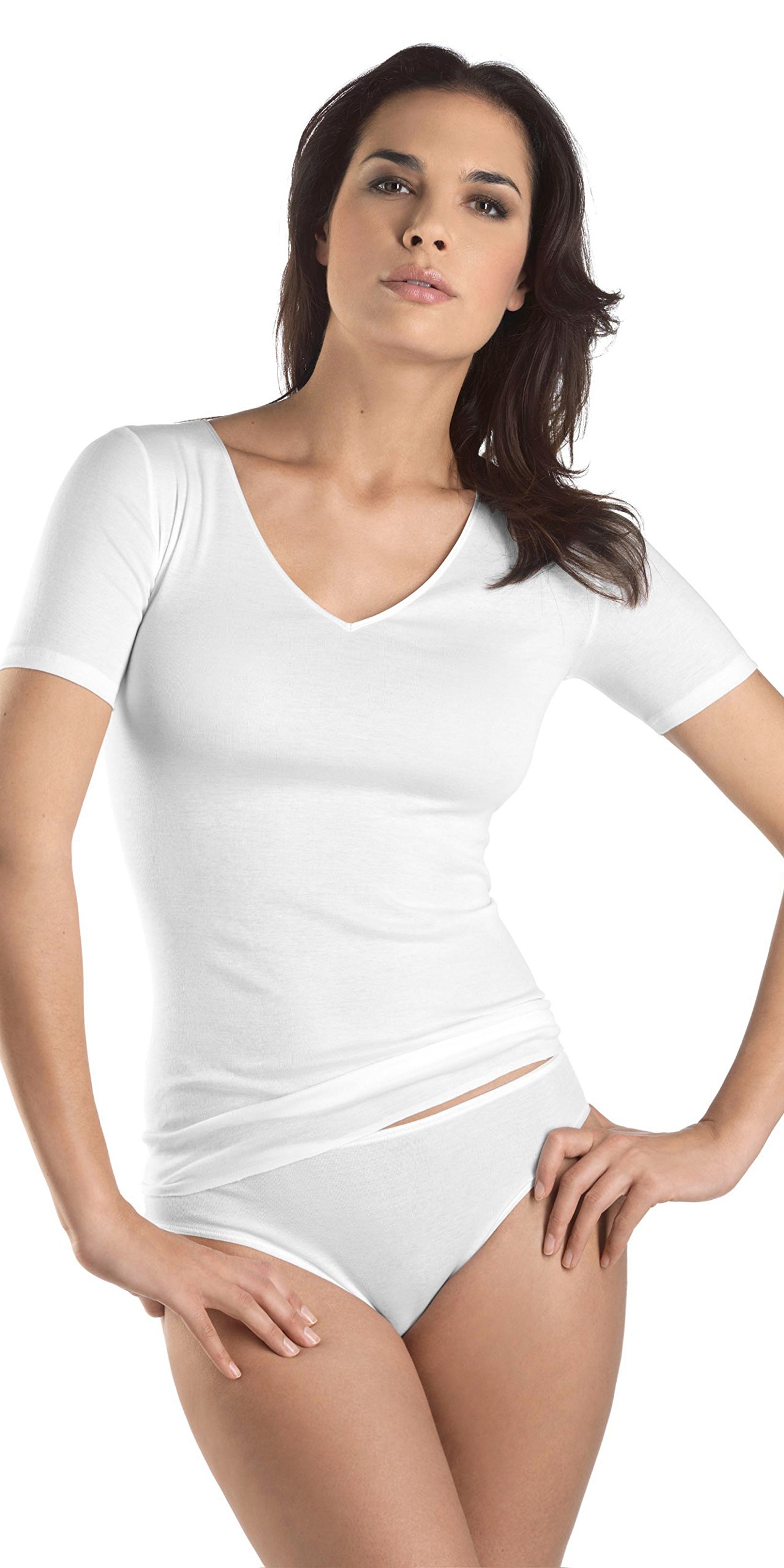 HANRO Women's Cotton Seamless Short Sleeve V-Neck Shirt 71603
