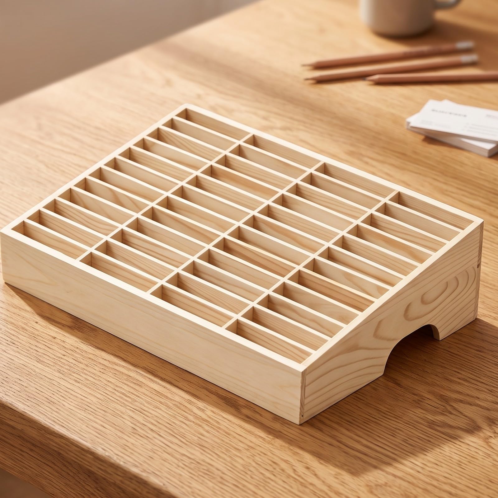 Organizzatore da Scrivania in Legno Massello con 48 Scomparti Aperti per Ufficio E Casa Contenitore Portapenne con Cassetti per Cancelleria E Biglietti da Visita 41x28x115 Cm