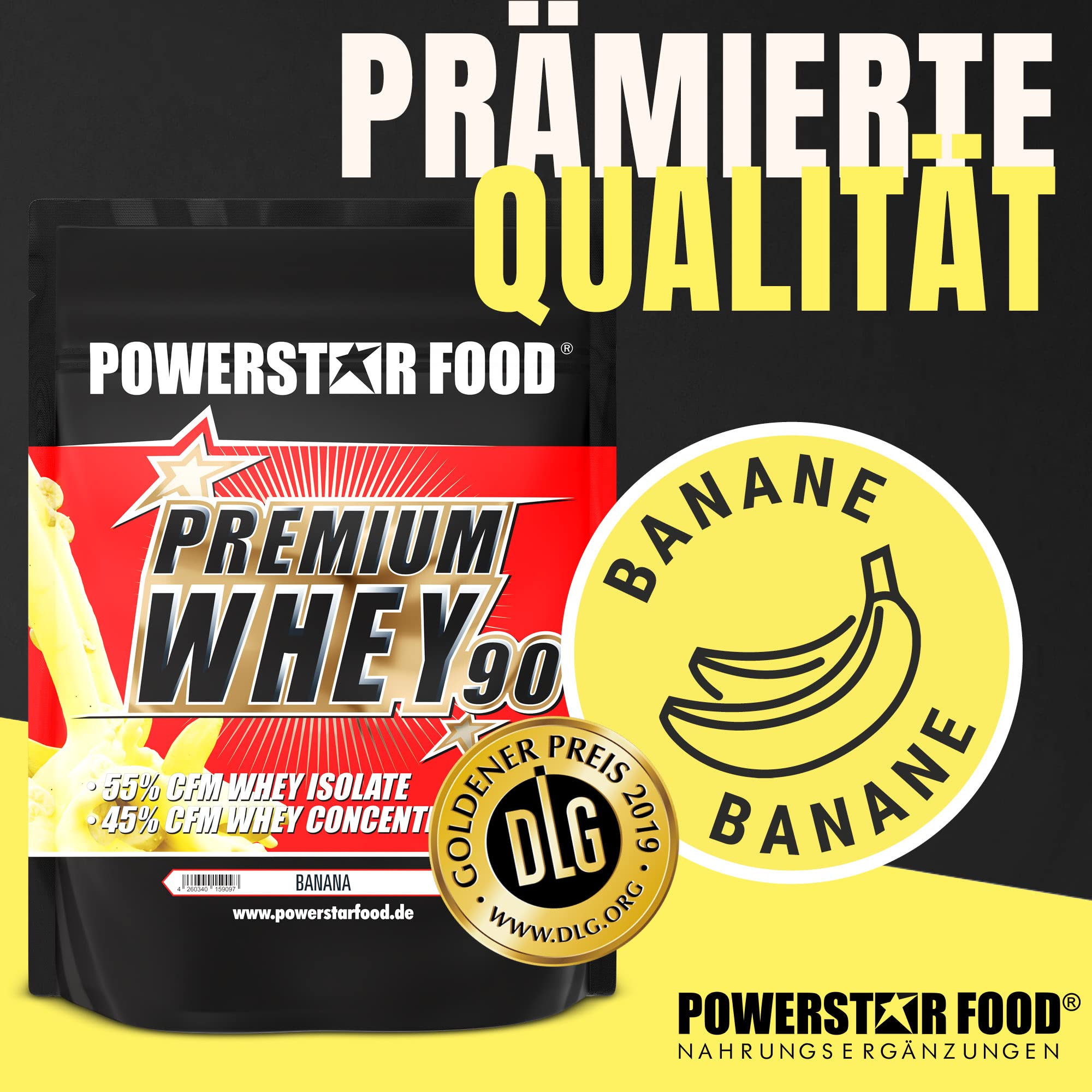 Powerstar PREMIUM WHEY 90 Banana 4000 g - 90% Protein i.Tr. Whey-Pulver | 60% CFM Whey Isolat und 40% CFM Konzentrat - Eiweißpulver mit nur 1% Kohlenhydrate - Made in Germany