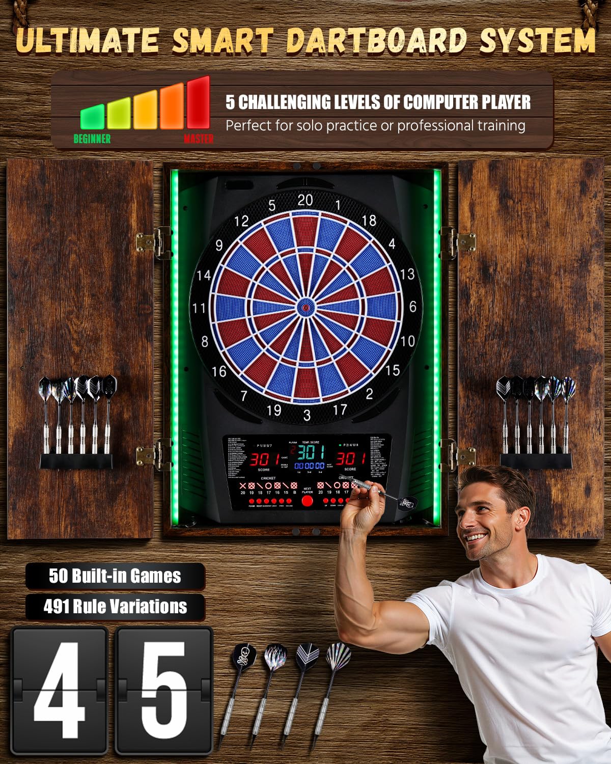 Jeu de Fléchette Électronique avec Cible LED 8 Couleurs, Armoire en Bois Rustique, 12 Fléchettes Bronze pour Maison & Bar