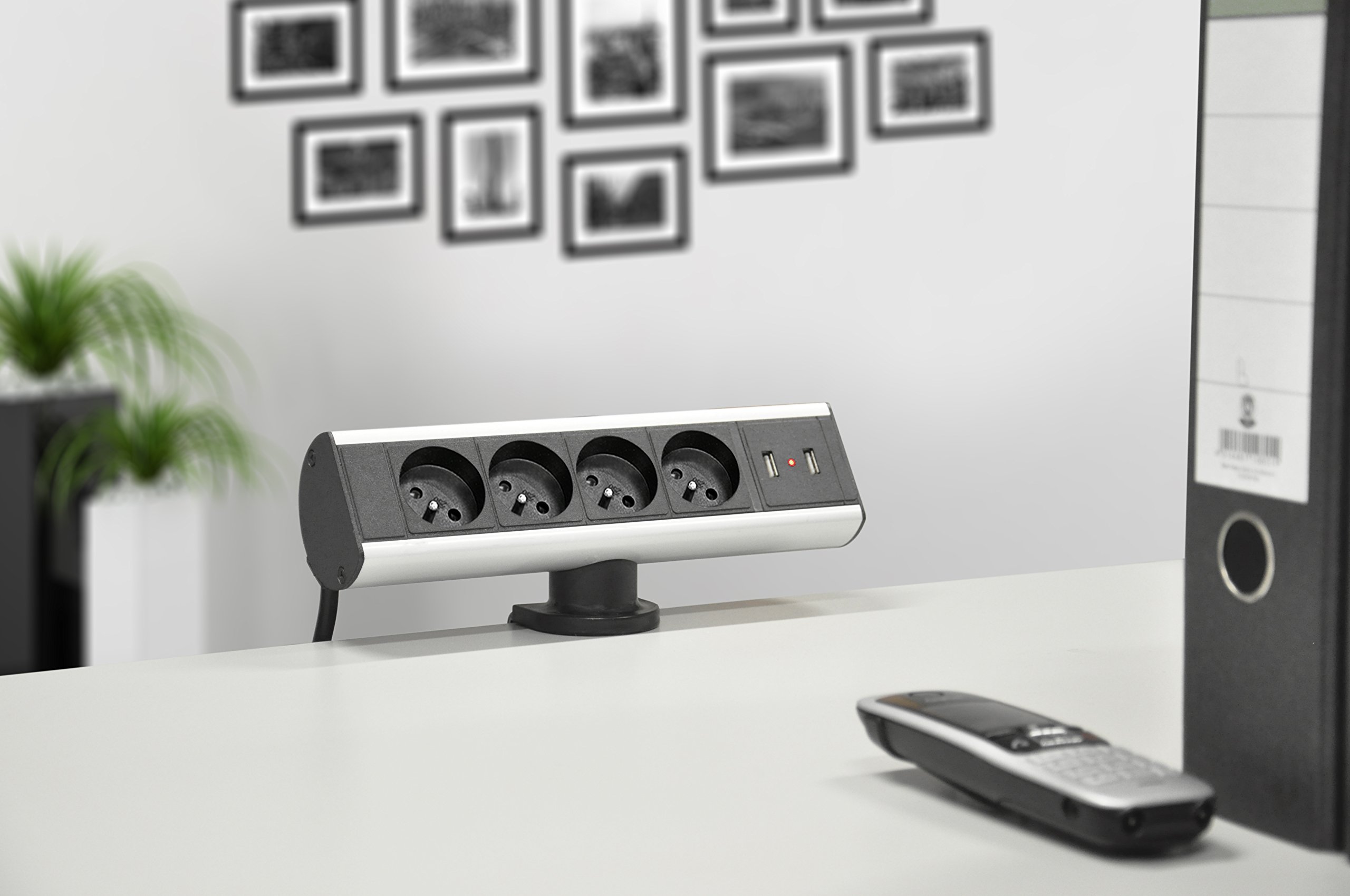 Prise pour Plan de Travail 4 Prises 2 USB Bloc Prise Cuisine Pas Besoin perçage et fixée Avec Le Support Prise idéale pour Cuisine Salle de réunion Bureau Chambre