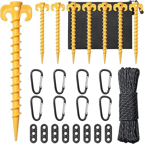 26 piezas, estacas para inflables, estacas de tienda de campaña resistentes con cuerda y gancho de clip, ajustador de cable, clavijas de césped de