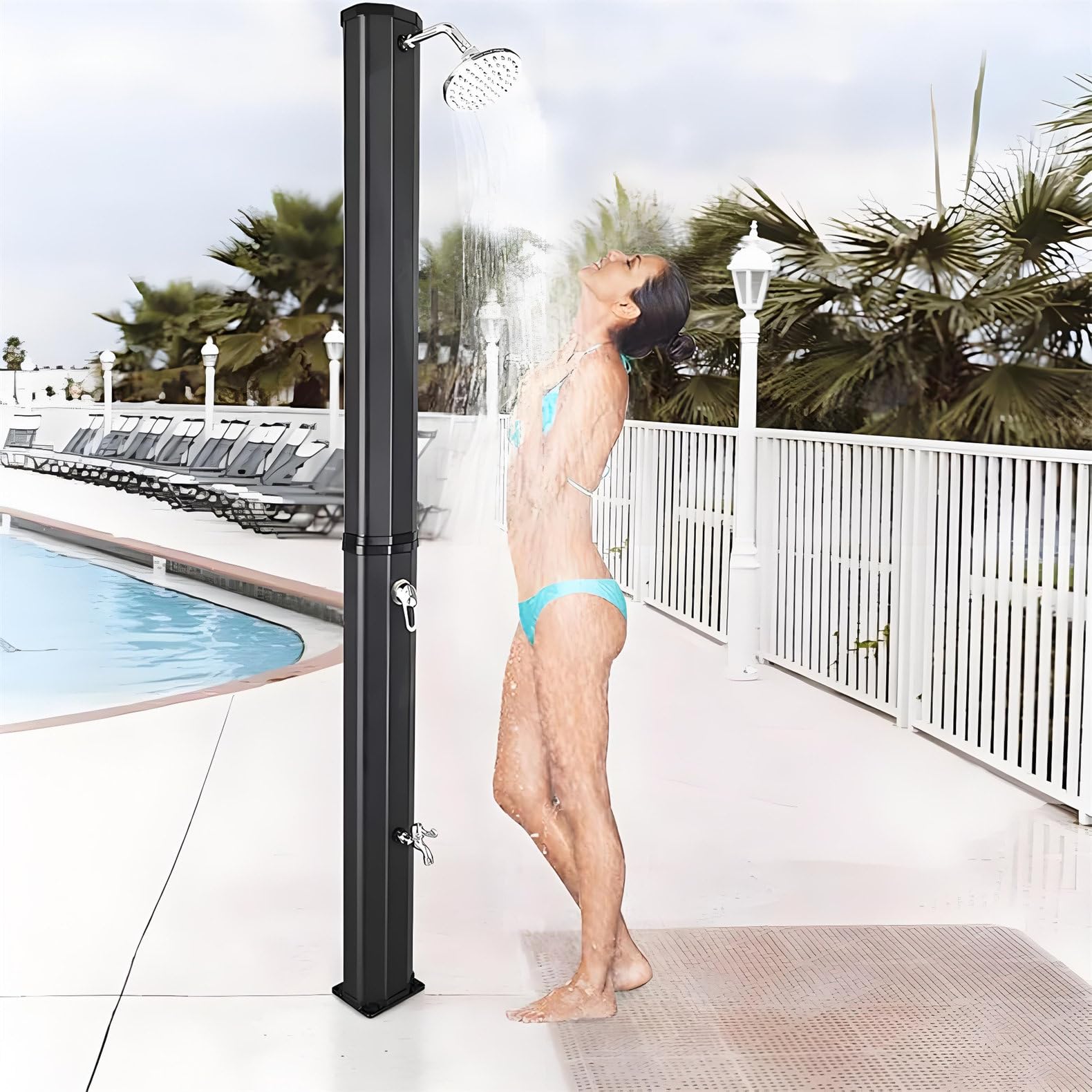 Doccia riscaldata solare per esterni, autoportante, 38 l, con testa girevole a 360°, collegamento per tubo da giardino e doccia a pedale, per cortile, piscina o spiaggia