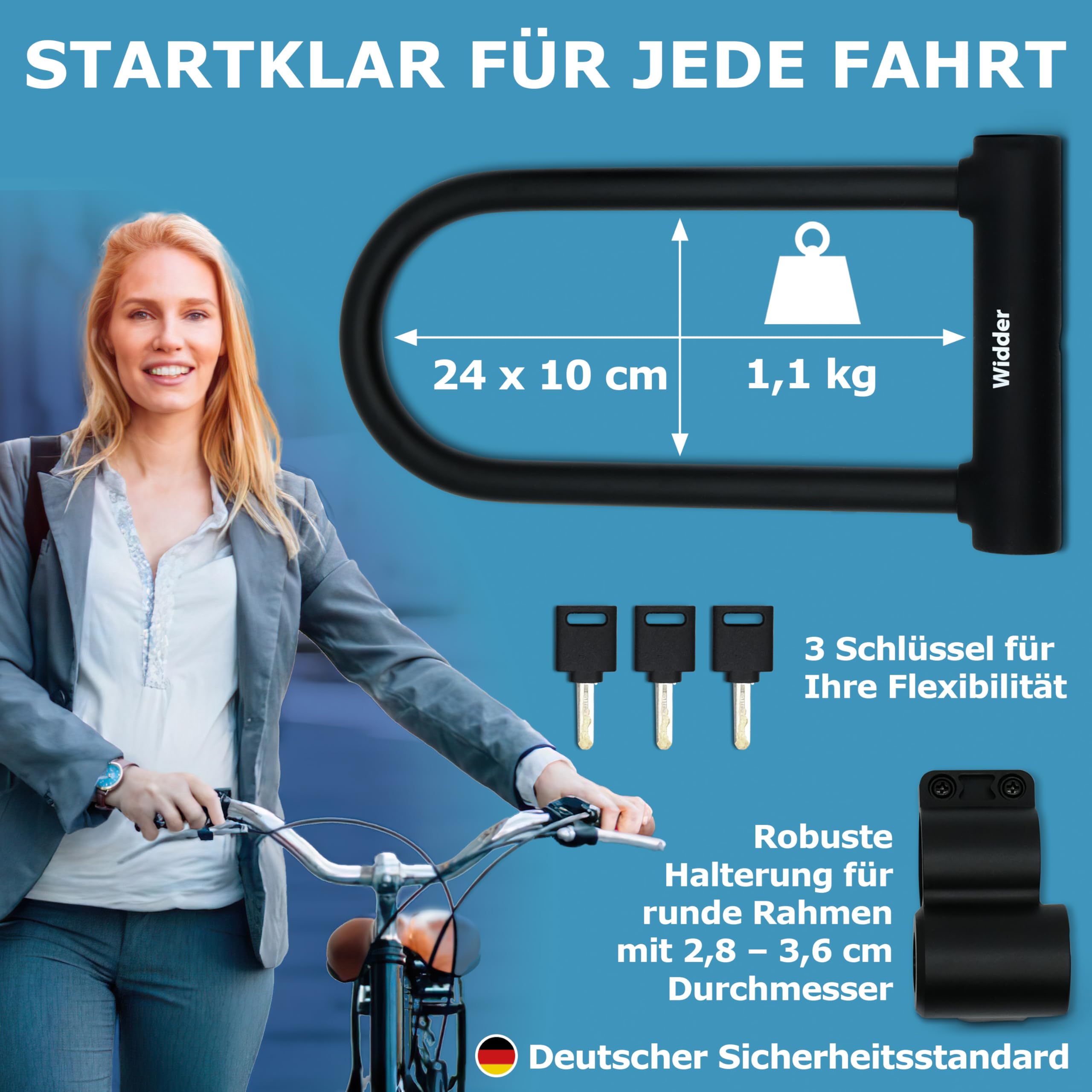 WIDDER Extrem Sicheres Fahrradschloss Bügelschloss [Chrom-Stahl Sicherheitsstufe 15] – 18mm Massiv Bügel – Fahrrad Schloss 64 cm Umfang mit Halterung & 3 Schlüssel – e Bike Lock & e Scooter U Lock