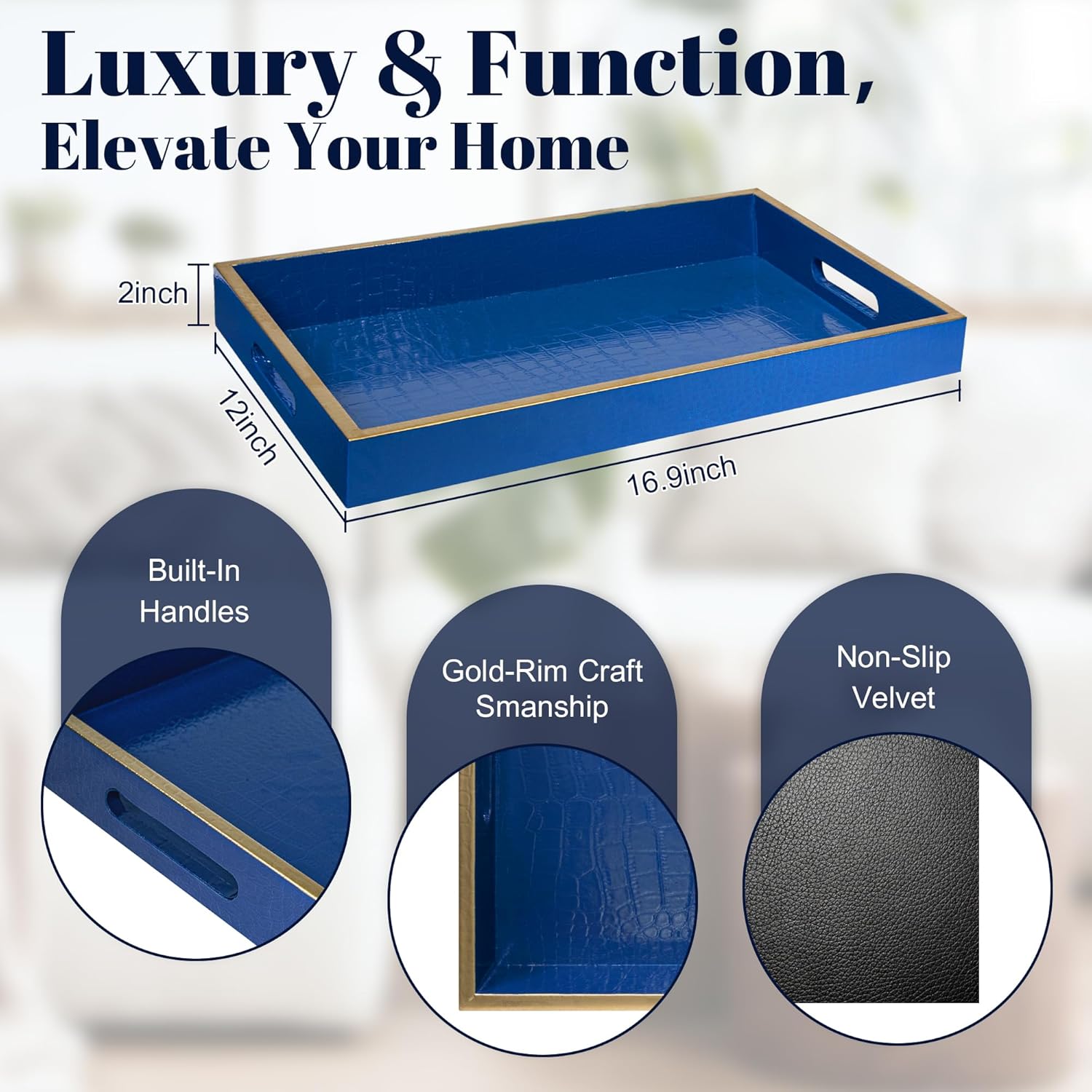 MAONAME Faux Leather Tray, Rectangular Serving Tray with Handles, Blue Decorative Trays for Coffee Table, Shagreen Ottoman Trays for Living Room, Office, 17" x 12"