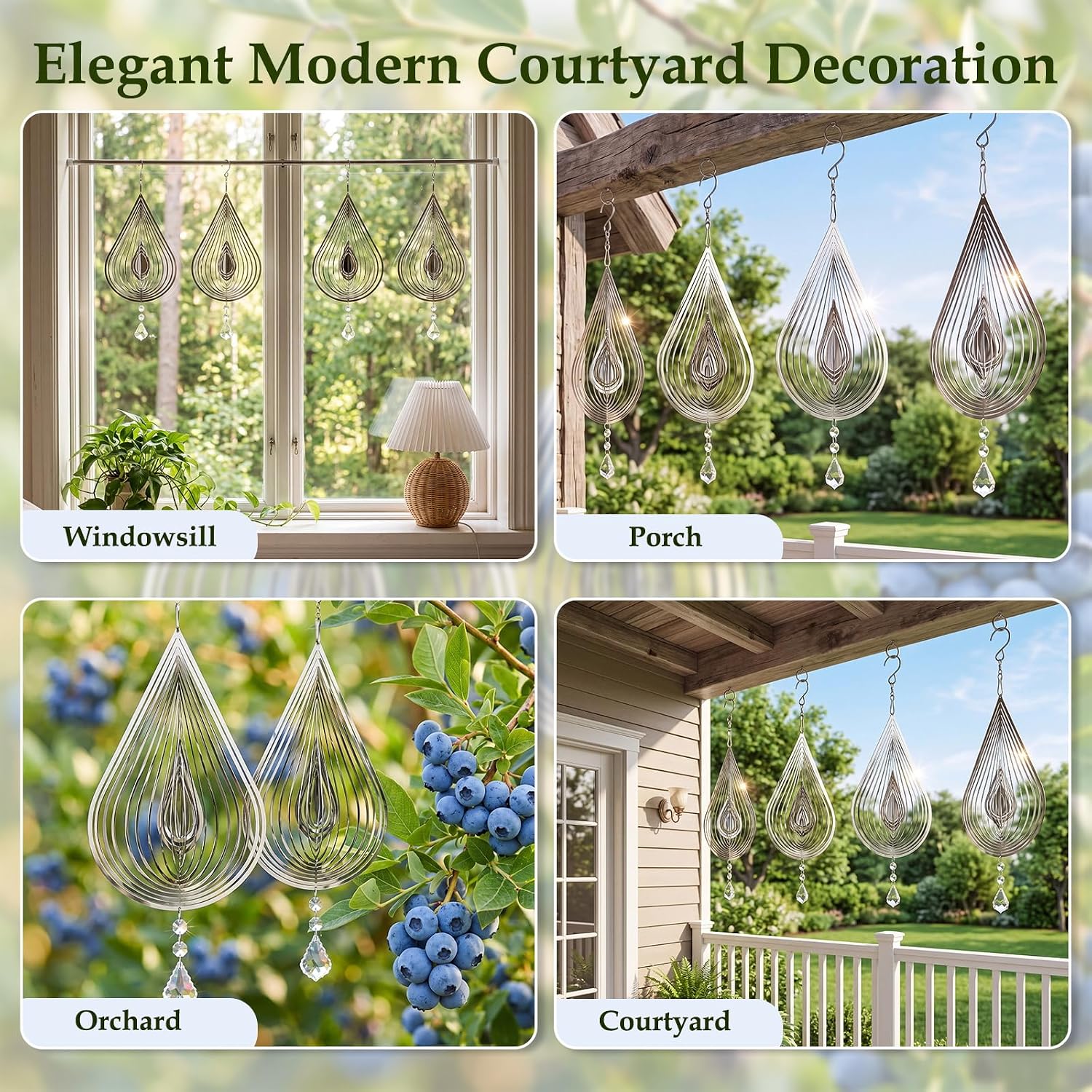 4 PCS 19" 3D Hanging Wind Spinners Water Droplets Stainless Steel Double Sided Hanging Decor for Outdoor and Gardens, Bird Devices Deterrent to Scare Birds Away from Yard Patio Farm