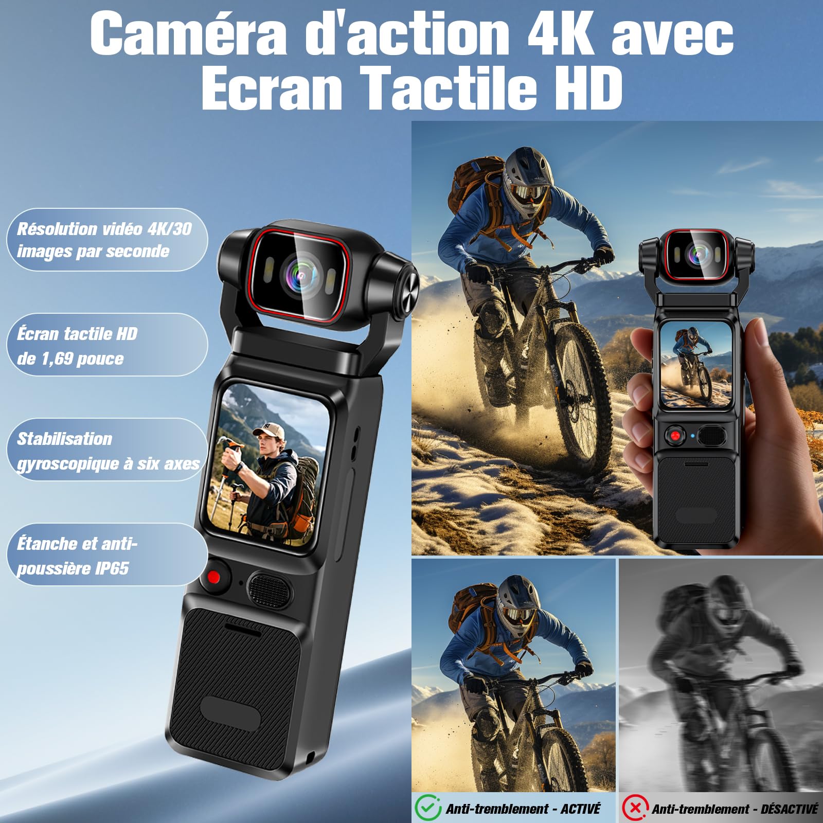 Caméra d'action WiFi 4K, Caméra Vidéo Sportive 160°, Caméra Portable de Poche avec Objectif Rotatif à 180° et Écran Tactile de 1,69 Pouces, Caméra Vidéo Numérique pour Vlog de Voyage