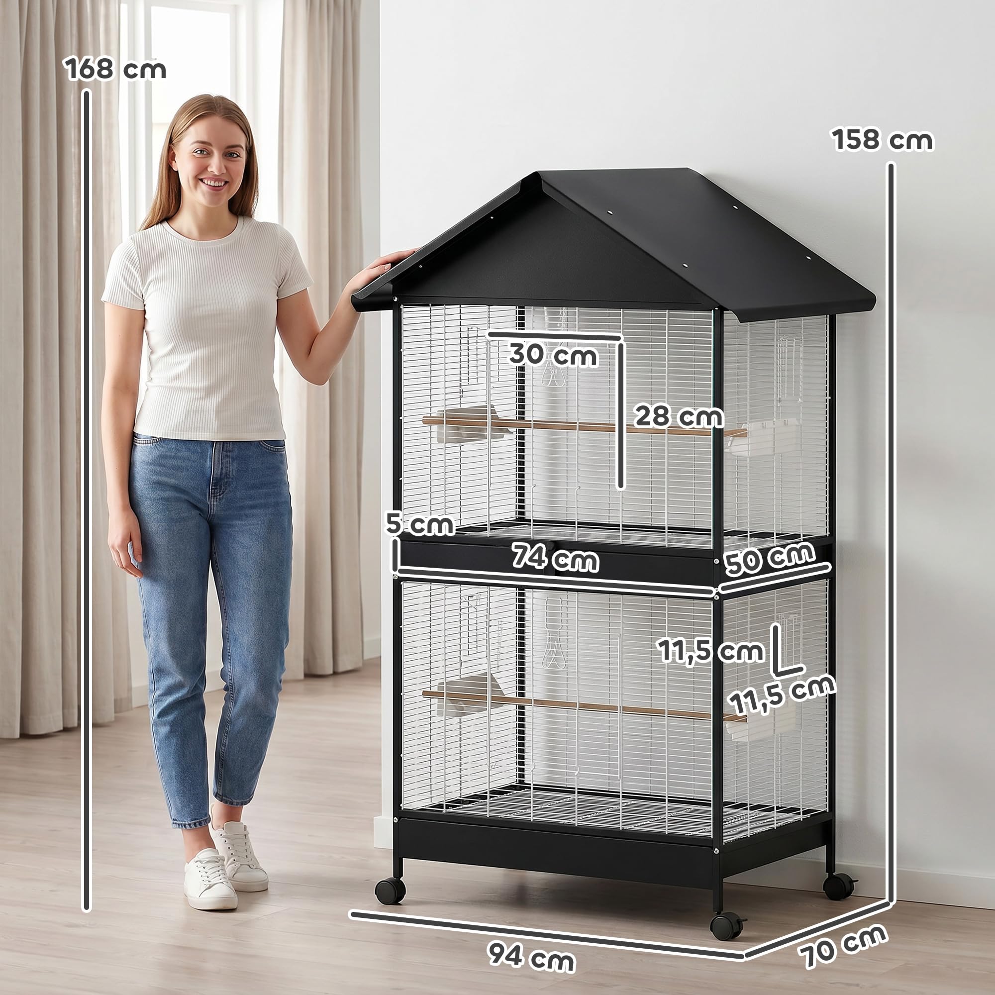 PawHut Vogelvoliere Groß Vogelkäfig mit Abnehmbar Trennwand 2 Türen 2 Holzstangen Rollen 2 Schalen 4 Futterspendern Vogelhaus XXL Vogelbauer für Wellensittiche Nymphensittiche Kanarien 94 x 70 x 158cm