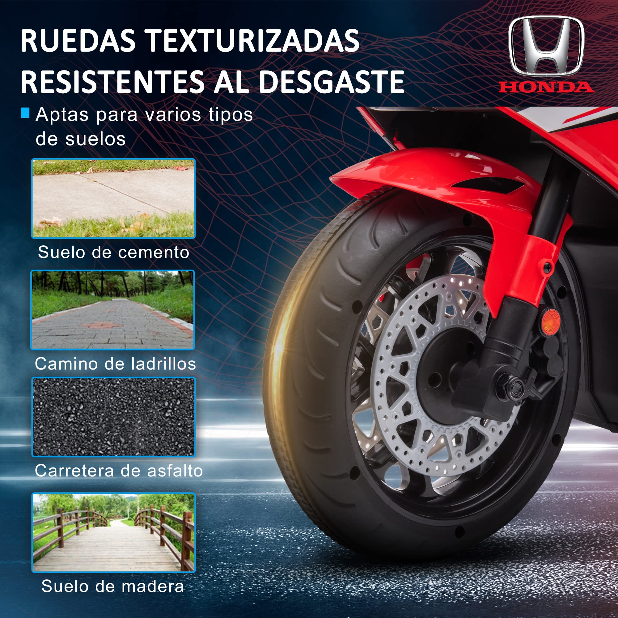 HOMCOM Moto Eléctrica con Licencia Honda para Niños de 3-5 Años Moto a Batería 6V con Faro Bocina Música y Ruedas Auxiliares Extraíbles Carga 30 kg 90x44x52 cm Rojo