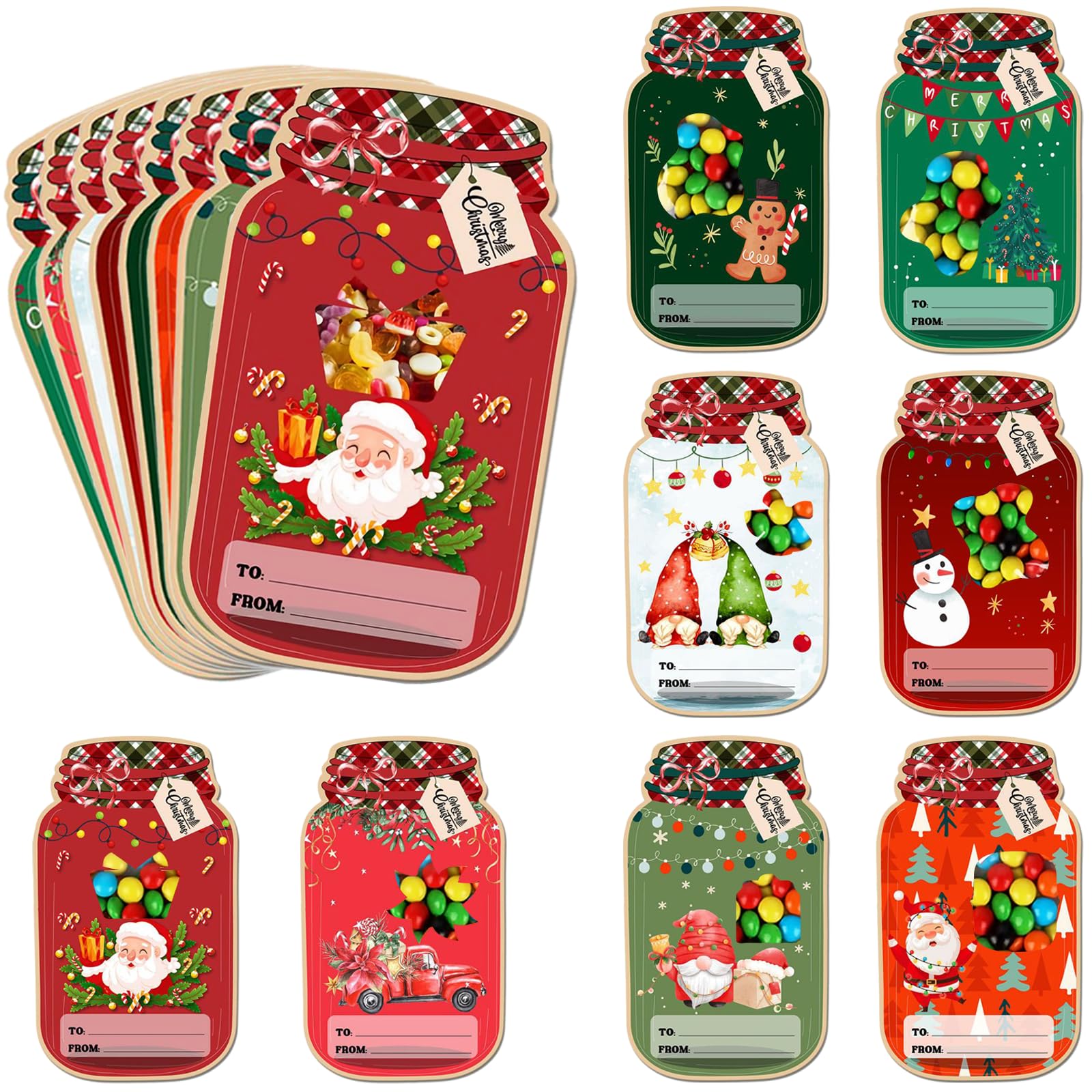 JNYVE Christmas Party Favors for Kids: 50 Pack Christmas Mason Jar Cards for Treats with 50 Treat Bags - DIY Candy Cards Bulk Gifts for Classroom