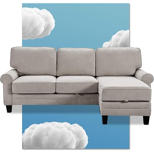 Serta Copenhagen Storage Sofas Two or Three Person Living Room Couch with Soft Foam-Filled Cushions, Easy-to-Clean Microfiber Upholstery, 86" Reversible Sectional, Chaise Ottoman, Light Gray