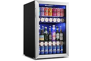 Upgraded 4.6 cu ft Refrigerator, 180 Can Mini Fridge with Blue LED Light
