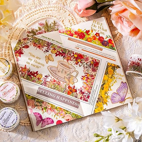 Miniatura 3 de 6 rollos de cinta adhesiva Washi de flores vintage para paisajismo natural, borde estético, calcomanías Washi para diario de bricolaje,
