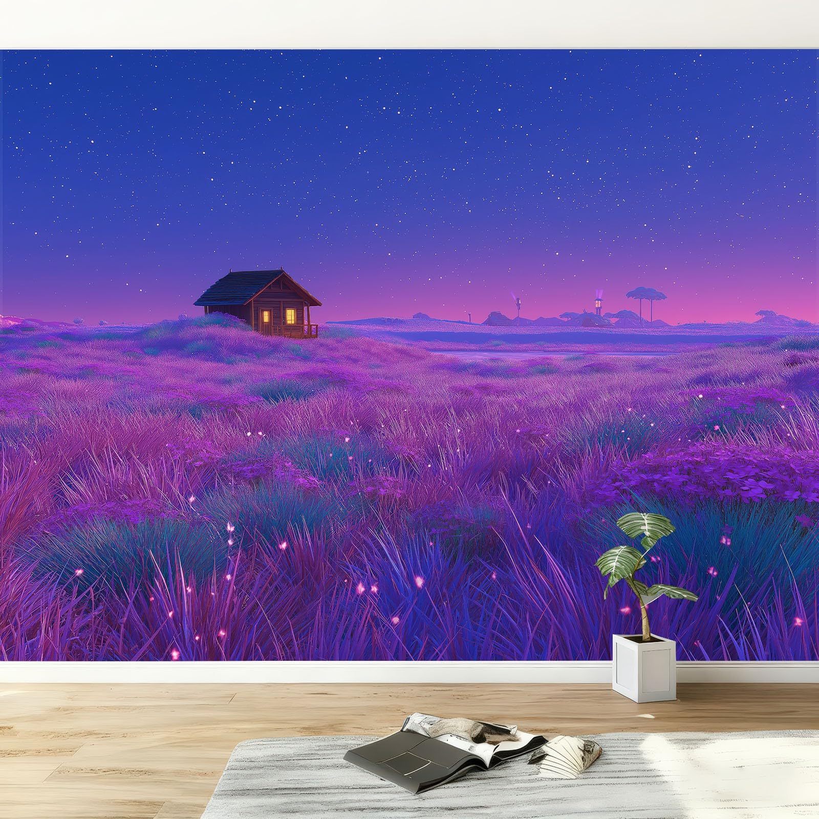 Panoramiczna tapeta Niebieski Fioletowy Niebo Pole Kwiaty Baita Drewno, Nowoczesna fototapeta 300 cm x 210 cm - Tapeta Dekoracja domu Anime do salonu pokoju dziecięcego biura
