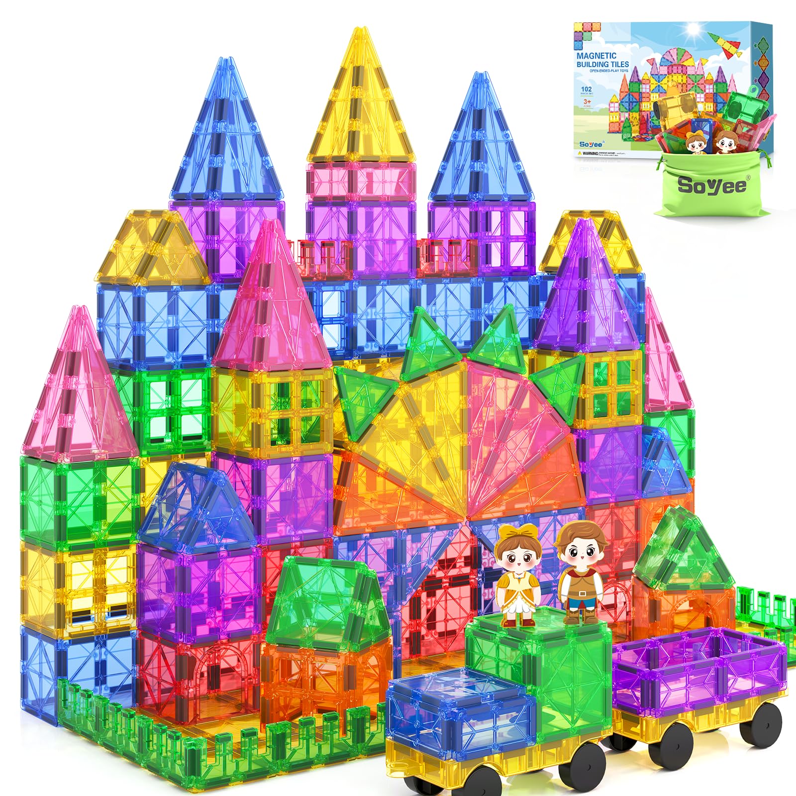 Magnetic Tiles 102pcs with 2 Cars 2 Dolls Magnet Building Blocks Kids Toys for 3+ Year Old Boys Girls STEM Sensory Educational Toys Birthday for Toddlers Kids
