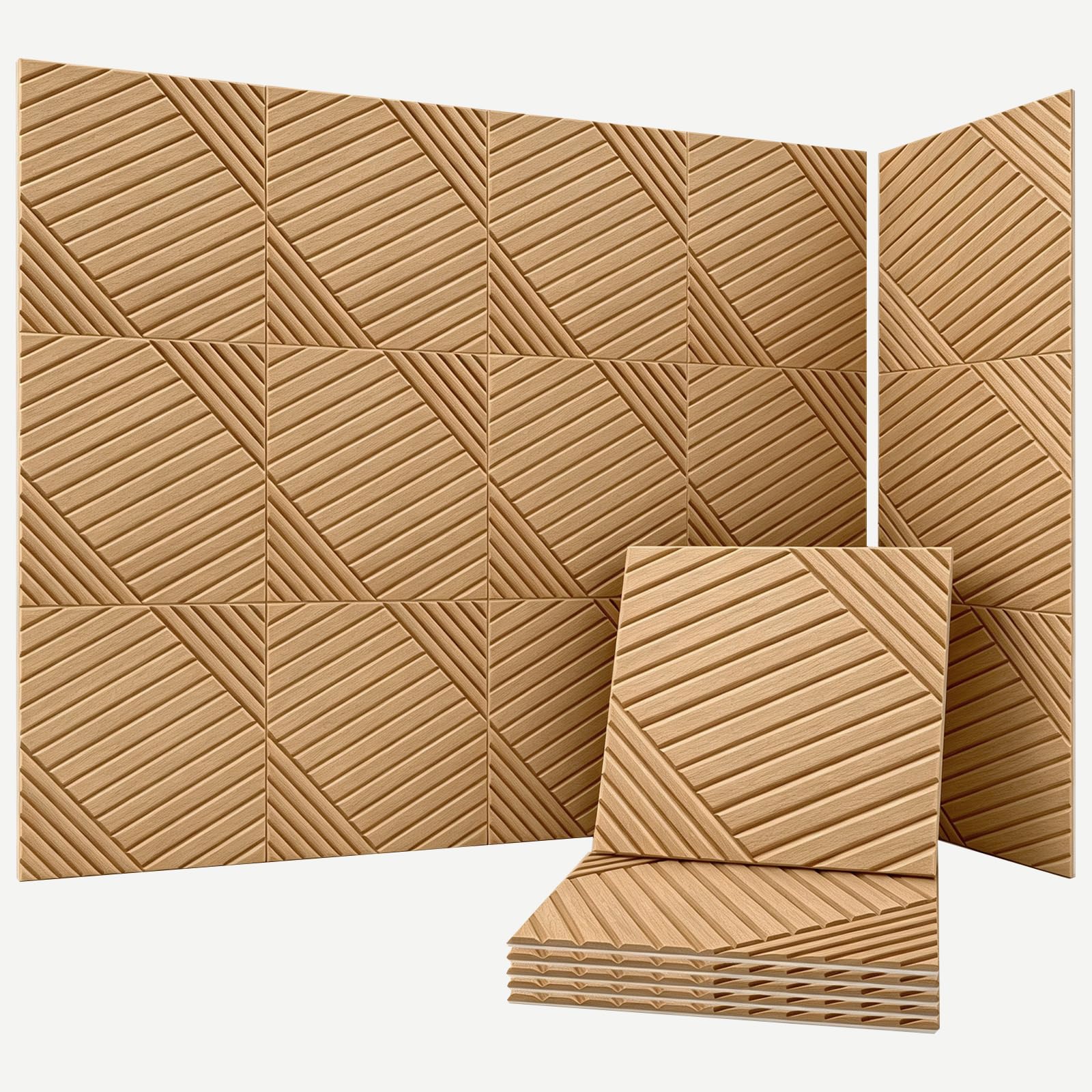 16Pack Acoustic Wall Panels, Wood Peel and Stick Wall Panels, Sound Proof Foam Panels for Walls Decor, Accent Soundproof Wall Panels for Bedroom Living Room Office Wall, 12 X 12 Inches Faux Wood